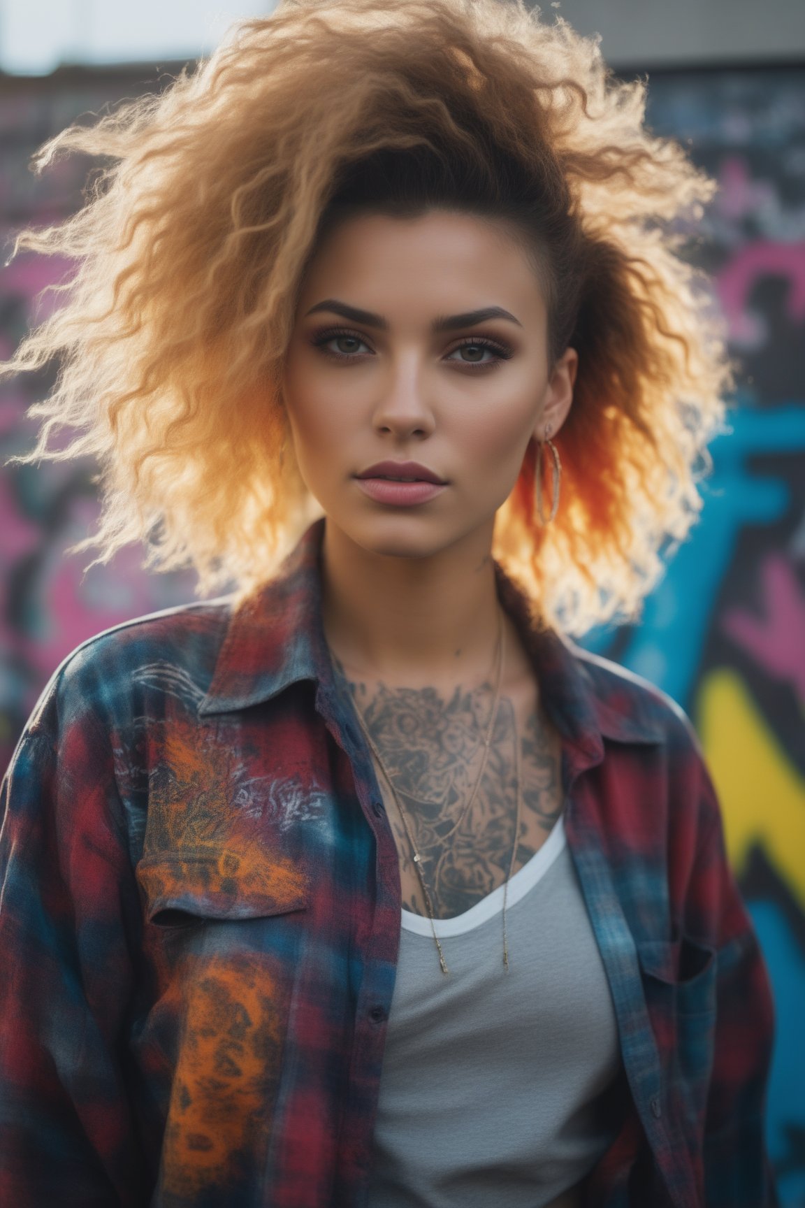 upper body portrait,  tattoed street style icon,  drenched in rebellious energy,  wearing oversized flannel shirt,  vibrant graffiti as backdrop,  edgy fashion,  sense,  confident gaze,  colorful hair,  light beams streaming through haze,  intricate details,  skin imperfections,  halo of light,  midday sunlight streaks spilling over face,  face details,  unbelievable intricate details,  dark shadows,  real lighting,  bloom,  volumetric lighting,  cinematic lights (ultra skin texture),  (symmetrical eyes),<lora:EMS-262558-EMS:0.800000>