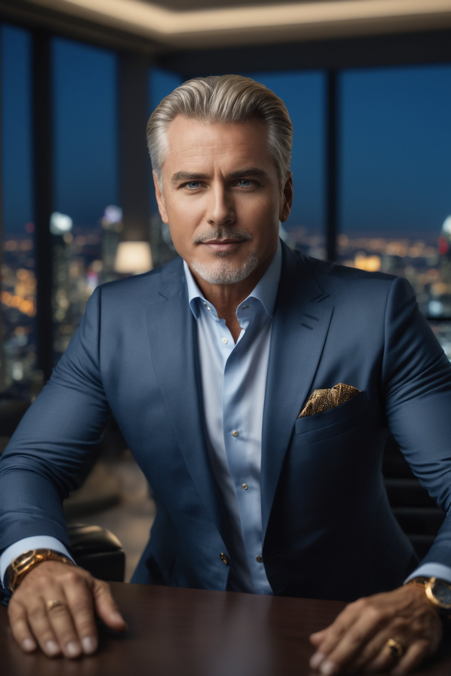 CEO portrait stock photo middle-aged man in luxurious penthouse office Style-Luxury sitting at desk overlooking city at night (masterpiece:1.2) (photorealistic:1.2) (bokeh) (best quality) (detailed skin) (intricate) (8k) (HDR) (cinematic lighting) (sharp focus) (Clutter-Home:0.7),<lora:EMS-262558-EMS:1.000000>