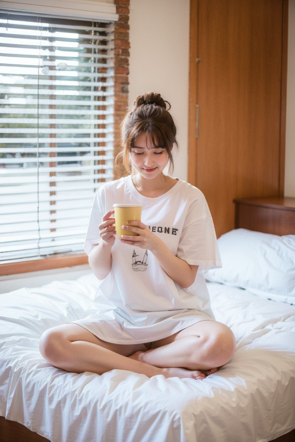 1girl, solo, brown hair, shirt, holding, sitting, white shirt, food, barefoot, indoors, hair bun, cup, pillow, window, bed, single hair bun, denim, realistic, blinds