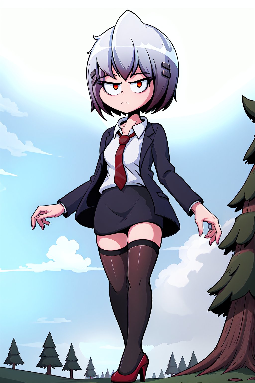 KirieBonin, 1girl, solo, alone, bob cut, silver hair, hair clips, red eyes, black coat, white shirt, red necktie, pencil skirt, black skirt, black thighhighs, red heels, bored, closed_mouth, looking at viewer, walking, better_hands, arms_at_sides, 
BREAK, 
masterpiece, best quality, highly quality, cinematic lighting, dramatic angle, 
BREAK, 
outdoors, trees, pine trees, detailed background, complex_background, SpoopyStories