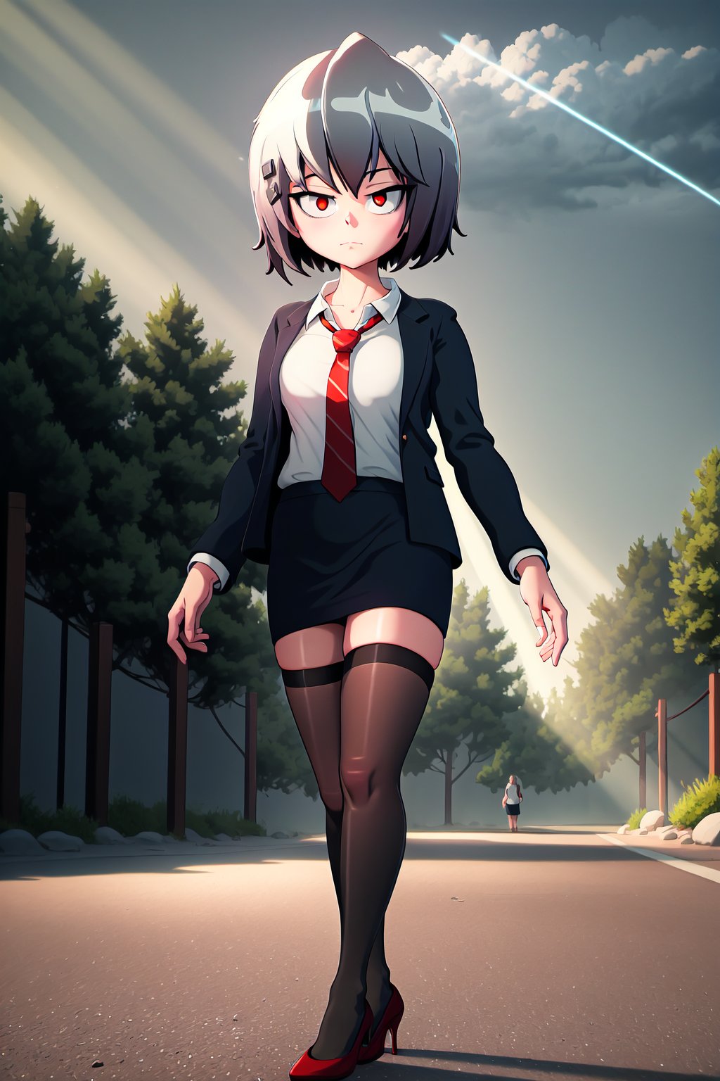 KirieBonin, 1girl, solo, alone, bob cut, silver hair, hair clips, red eyes, black coat, white shirt, red necktie, pencil skirt, black skirt, black thighhighs, red heels, bored, closed_mouth, looking at viewer, walking, better_hands, perfect hands, 
BREAK, 
(extremely detailed fine touch:1.2) , masterpiece, best quality, highly quality, (cinematic lighting, dramatic lighting, epic lighting, light rays, ray tracing:1.2), dramatic angle, 
BREAK, 
outdoors, trees, pine trees, detailed background, complex_background
