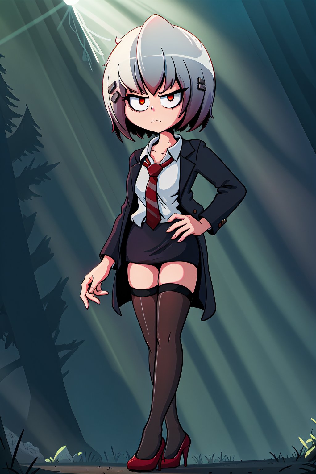 KirieBonin, 1girl, solo, alone, bob cut, silver hair, hair clips, red eyes, black coat, white shirt, red necktie, pencil skirt, black skirt, black thighhighs, red heels, bored, closed_mouth, looking at viewer, walking, better_hands, perfect hands, 
BREAK, 
(extremely detailed fine touch:1.2) , masterpiece, best quality, highly quality, (cinematic lighting, dramatic lighting, epic lighting, light rays, ray tracing:1.2), dramatic angle, 
BREAK, 
outdoors, trees, pine trees, detailed background, complex_background,SpoopyStories