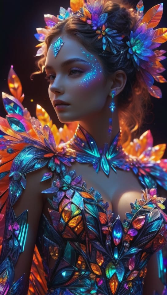 (masterpiece, top quality, best quality, official art, beautiful and aesthetic:1.2), (1girl:1.3), extremely detailed,(fractal art:1.2),colorful,highest detailed,( zentangle neon:1.2), (dynamic pose), (abstract background neon:1.5), (treditional dress:1.2), (shiny skin), (many colors:1.4), upper body ,Neon,16K,Full HD,crystalz,Flower queen