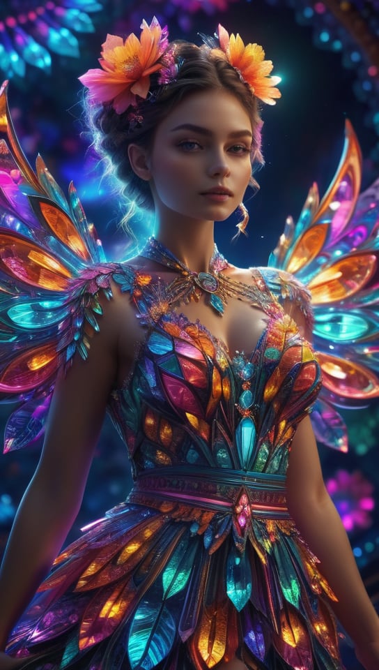 (masterpiece, top quality, best quality, official art, beautiful and aesthetic:1.2), (1girl:1.3), extremely detailed,(fractal art:1.2),colorful,highest detailed,( zentangle neon:1.2), (dynamic pose), (abstract background neon:1.5), (treditional dress:1.2), (shiny skin), (many colors:1.4), upper body ,Neon,16K,Full HD,crystalz,Flower queen