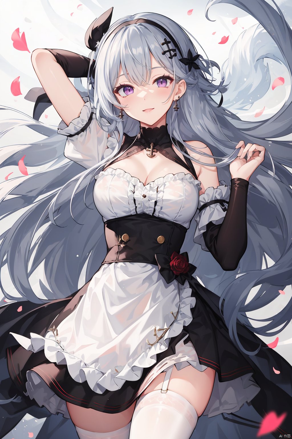 TT, breasts, multiple girls, 2girls, sirius \(azur lane\), thighhighs, looking at viewer, dido \(azur lane\), short sleeves, red eyes, hairband, on back, cleavage, long hair, large breasts, lying, bangs, sleeveless, puffy sleeves, short hair, frills, apron, smile, white hair, petals, blush, puffy short sleeves, underboob cutout, clothing cutout, dress, white apron, bare shoulders, grey hair, arm up, zettai ryouiki, manjuu \(azur lane\), hair between eyes, closed mouth, waist apron, anchor choker, lace trim, frilled choker, choker, underboob, thighs, shirt, black hairband, armpits, skirt, purple eyes, white shirt, black skirt, frilled apron, white dress, pink eyes, lace-trimmed hairband, sleeveless shirt, backlight, TT, Girl