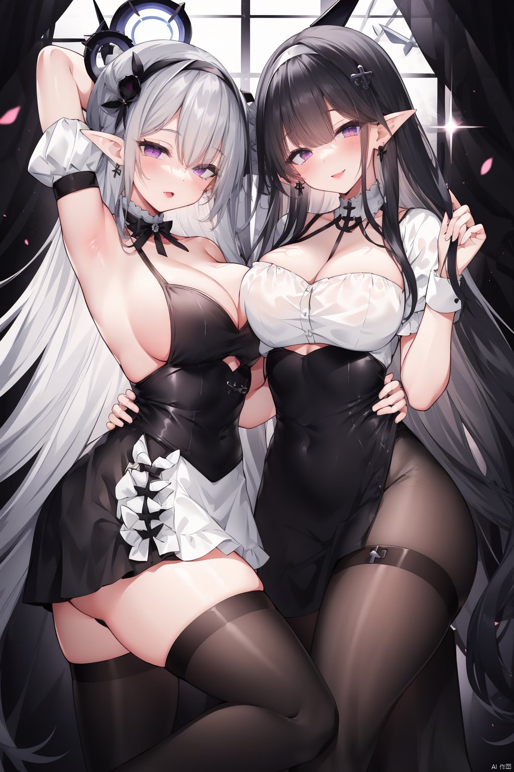 TT, breasts, multiple girls, 2girls, sirius \(azur lane\), thighhighs, looking at viewer, dido \(azur lane\), short sleeves, red eyes, hairband, on back, cleavage, long hair, large breasts, lying, bangs, sleeveless, puffy sleeves, short hair, frills, apron, smile, white hair, petals, blush, puffy short sleeves, underboob cutout, clothing cutout, dress, white apron, bare shoulders, grey hair, arm up, zettai ryouiki, manjuu \(azur lane\), hair between eyes, closed mouth, waist apron, anchor choker, lace trim, frilled choker, choker, underboob, thighs, shirt, black hairband, armpits, skirt, purple eyes, white shirt, black skirt, frilled apron, white dress, pink eyes, lace-trimmed hairband, sleeveless shirt, backlight, TT, Girl