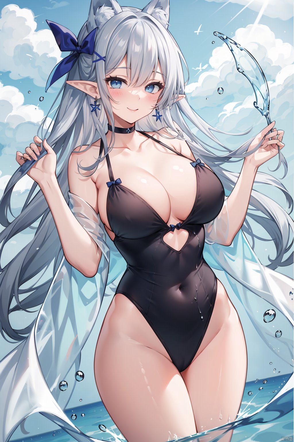  TT, 1girl, pointy ears, breasts, solo, navel, long hair, swimsuit, large breasts, blue eyes, jewelry, stomach, looking at viewer, very long hair, earrings, thighs, smile, white one-piece swimsuit, cowboy shot, bare shoulders, water, ribbon, hair ribbon, blush, groin, sidelocks, bangs, cleavage, one-piece swimsuit, shawl, elf, collarbone, hand up, closed mouth, standing, hair ornament, blue ribbon, choker, highleg, highleg swimsuit, halterneck, see-through, holding hair, hair bow, revealing clothes, bow, grey hair, backlight