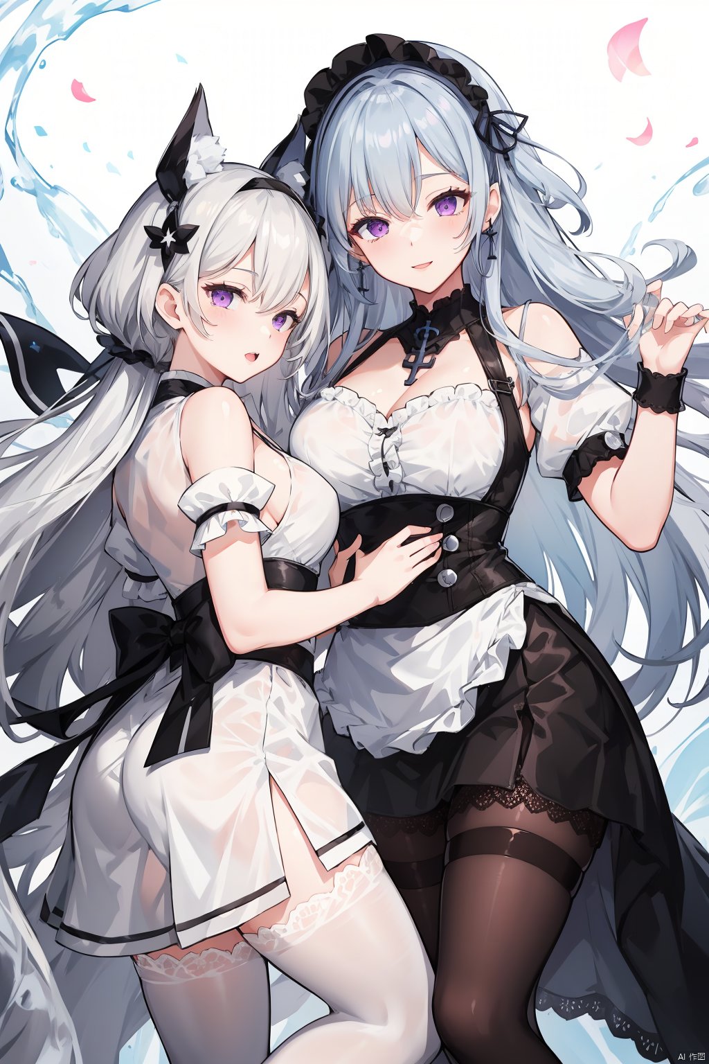 TT, breasts, multiple girls, 2girls, sirius \(azur lane\), thighhighs, looking at viewer, dido \(azur lane\), short sleeves, red eyes, hairband, on back, cleavage, long hair, large breasts, lying, bangs, sleeveless, puffy sleeves, short hair, frills, apron, smile, white hair, petals, blush, puffy short sleeves, underboob cutout, clothing cutout, dress, white apron, bare shoulders, grey hair, arm up, zettai ryouiki, manjuu \(azur lane\), hair between eyes, closed mouth, waist apron, anchor choker, lace trim, frilled choker, choker, underboob, thighs, shirt, black hairband, armpits, skirt, purple eyes, white shirt, black skirt, frilled apron, white dress, pink eyes, lace-trimmed hairband, sleeveless shirt, backlight, TT, Girl