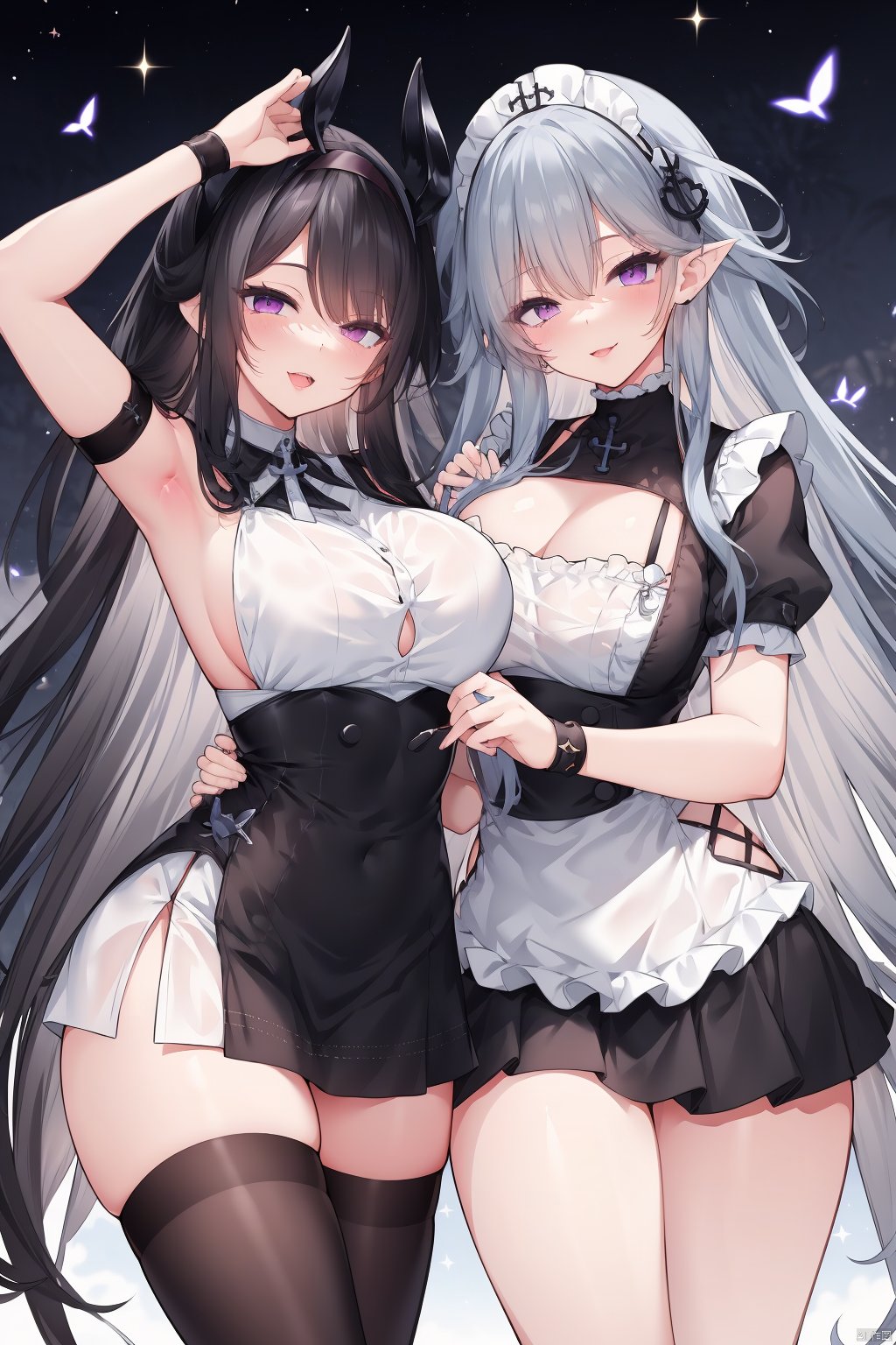 TT, breasts, multiple girls, 2girls, sirius \(azur lane\), thighhighs, looking at viewer, dido \(azur lane\), short sleeves, red eyes, hairband, on back, cleavage, long hair, large breasts, lying, bangs, sleeveless, puffy sleeves, short hair, frills, apron, smile, white hair, petals, blush, puffy short sleeves, underboob cutout, clothing cutout, dress, white apron, bare shoulders, grey hair, arm up, zettai ryouiki, manjuu \(azur lane\), hair between eyes, closed mouth, waist apron, anchor choker, lace trim, frilled choker, choker, underboob, thighs, shirt, black hairband, armpits, skirt, purple eyes, white shirt, black skirt, frilled apron, white dress, pink eyes, lace-trimmed hairband, sleeveless shirt, backlight, TT, Girl