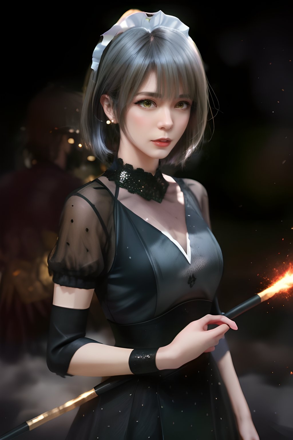 (Masterpiece,Best Quality), A realistic anime girl in a maid dress with coal-colored hair, striking a battle pose with a spear, inviting viewers to look closely at the high-resolution illustration, Fantasy, magical vibes, sci-fi mood, sparks, DoF, bokeh, sharp focus