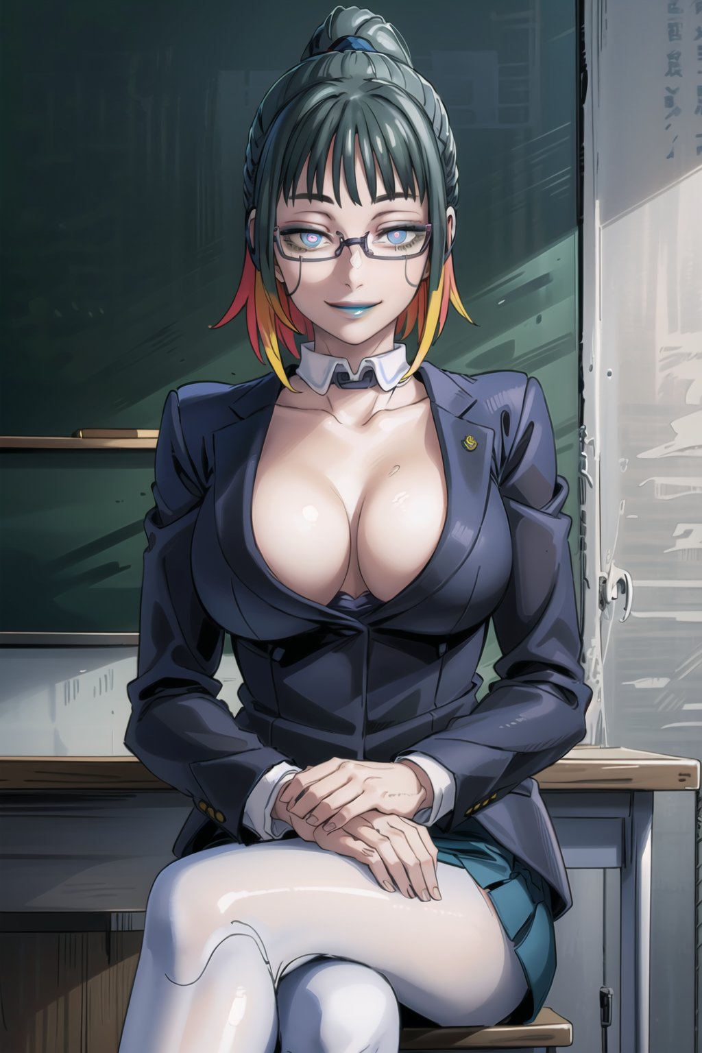 ((best quality)), ((highly detailed)), masterpiece, ((official art)),zenin_maki, green hair, ponytail, glasses, bangs, brown eyes, breasts, looking at viewer, smile, skirt, large breasts, shirt, long sleeves, cleavage, sitting, collarbone, jacket, white shirt, pantyhose, indoors, english text, formal, crossed legs, suit, desk, pencil skirt, classroom, chalkboard, on desk, teacher, skirt suit, sitting on desk, intricately detailed, hyperdetailed, blurry background,depth of field, best quality, masterpiece, intricate details, tonemapping, sharp focus, hyper detailed, trending on Artstation,1 girl, high res, official art,beautiful detailed eyes, Remodeling, (multicolored hair:1.3), (two-tone hair:1.2), (pink eyes, blue eyes), (glowing eyes), (android:1.1), (barcode), (doll joints:1.1), lipstick, (blue lips), robot ears, joints, robot joints