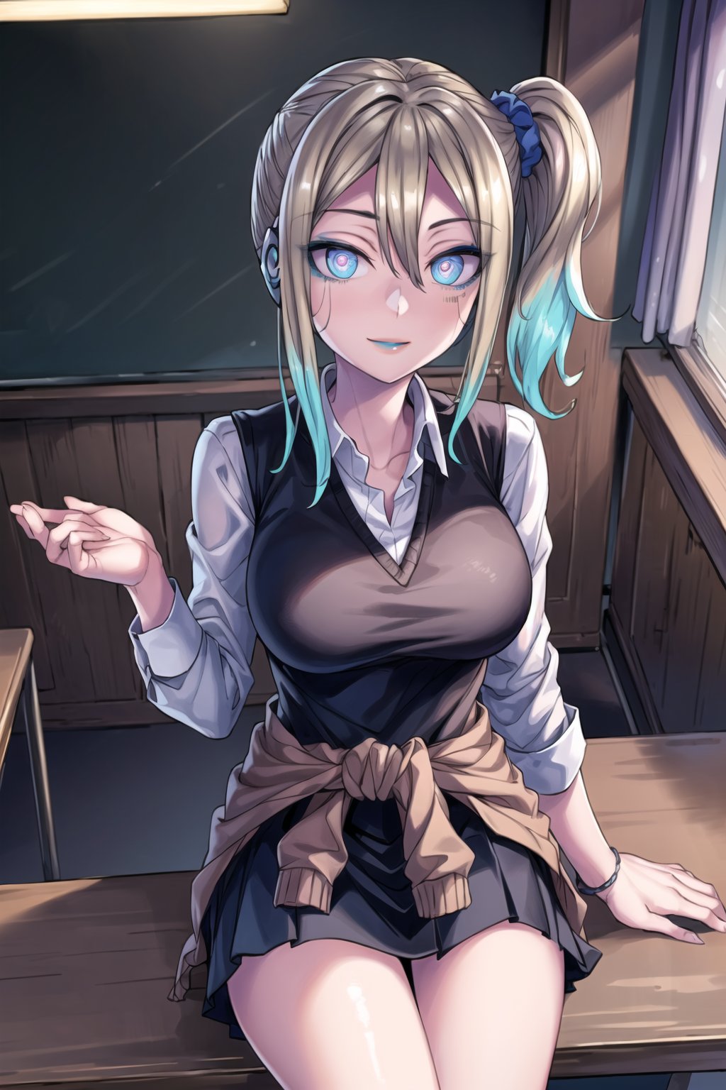 ((best quality)),  ((highly detailed)),  masterpiece,  ((official art)),   , ai hayasaka, blonde hair, blue scrunchie, hair between eyes, hair scrunchie, long hair, scrunchie, side ponytail, sidelocks, lips, (seductive smile,smirk) ,large breasts, (Remodeling), (multicolored hair:1.3), (two-tone hair:1.3), (pink eyes, blue eyes), (glowing eyes), (android:1.2), (barcode:1.2), (doll joints:1.1), lipstick, (makeup),(blue lips:1.2), robot ears, joints, robot joints, ((white shirt)), (black vest), blouse, cardigan, cardigan around waist, clothes around waist, collared shirt, dress shirt, long sleeves, school uniform, shirt, shuuchiin academy school uniform, skirt, sweater, white shirt,, (cyberpunk:1.2), school, (confident, sexy), chalkboard ,looking at viewer, classroom, girl, indoors,  dramatic reveal, suspenseful, urban environment, mysterious ambiance, dramatic lighting, cinematic scene, self-transformation, supernatural, otherworldly, metamorphosis, mystical, mystical energy, power awakening., intricately detailed, hyperdetailed, blurry background, depth of field, best quality, masterpiece, intricate details, tonemapping, sharp focus, hyper detailed, trending on Artstation, 1 girl, high res, official art,ai hayasaka,aahayasaka,