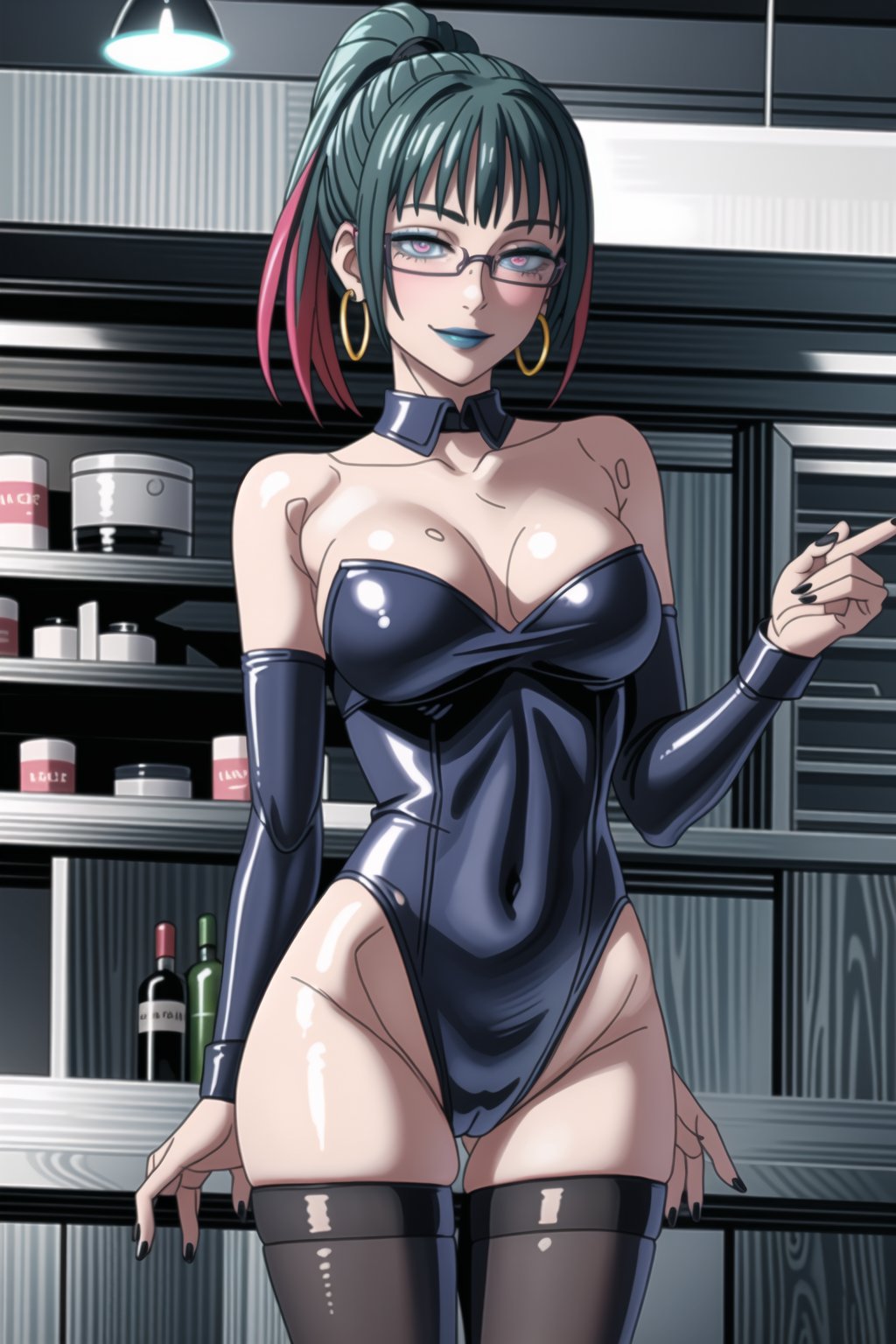 ((best quality)),  ((highly detailed)),  masterpiece,1girl, 1girl, (lips:1.2),(blue lips:1.2),(makeup:1.2), seductive smile, smirk, naughty_face, nail polish, solo,   playboy bunny girl, black pantyhose,  cleavage, collarbone, ,(Black leotard, leotard under clothes,strapless:1.2), (hoop earrings:1.2),(black choker), large breasts,blush, earrings, black nails, looking at viewer, cowboy shot, bar, outdoor, lamp, nigth, space, sexy pose:1.2, purple nails, wristband, zenin_maki, green hair, ponytail, glasses, bangs, pink eyes,b1mb0, jewelery:1.2,Remodeling, (multicolored hair:1.3), (two-tone hair:1.2), (pink eyes, blue eyes), (glowing eyes), (android:1.1), (barcode), (doll joints:1.1),<lora:659111690174031528:1.0>