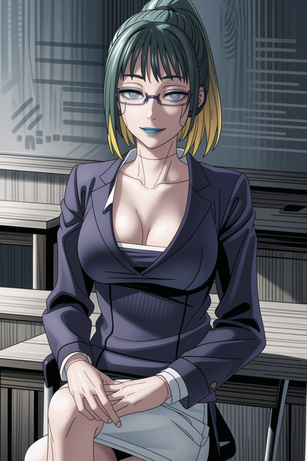 ((best quality)), ((highly detailed)), masterpiece, ((official art)),zenin_maki, green hair, ponytail, glasses, bangs, brown eyes, breasts, looking at viewer, smile, skirt, large breasts, shirt, long sleeves, cleavage, sitting, collarbone, jacket, white shirt, pantyhose, indoors, english text, formal, crossed legs, suit, desk, pencil skirt, classroom, chalkboard, on desk, teacher, skirt suit, sitting on desk, intricately detailed, hyperdetailed, blurry background,depth of field, best quality, masterpiece, intricate details, tonemapping, sharp focus, hyper detailed, trending on Artstation,1 girl, high res, official art,beautiful detailed eyes, Remodeling, (multicolored hair:1.3), (two-tone hair:1.2), (pink eyes, blue eyes), (glowing eyes), (android:1.1), (barcode), (doll joints:1.1), lipstick, (blue lips), robot ears, joints, robot joints,<lora:659111690174031528:1.0>