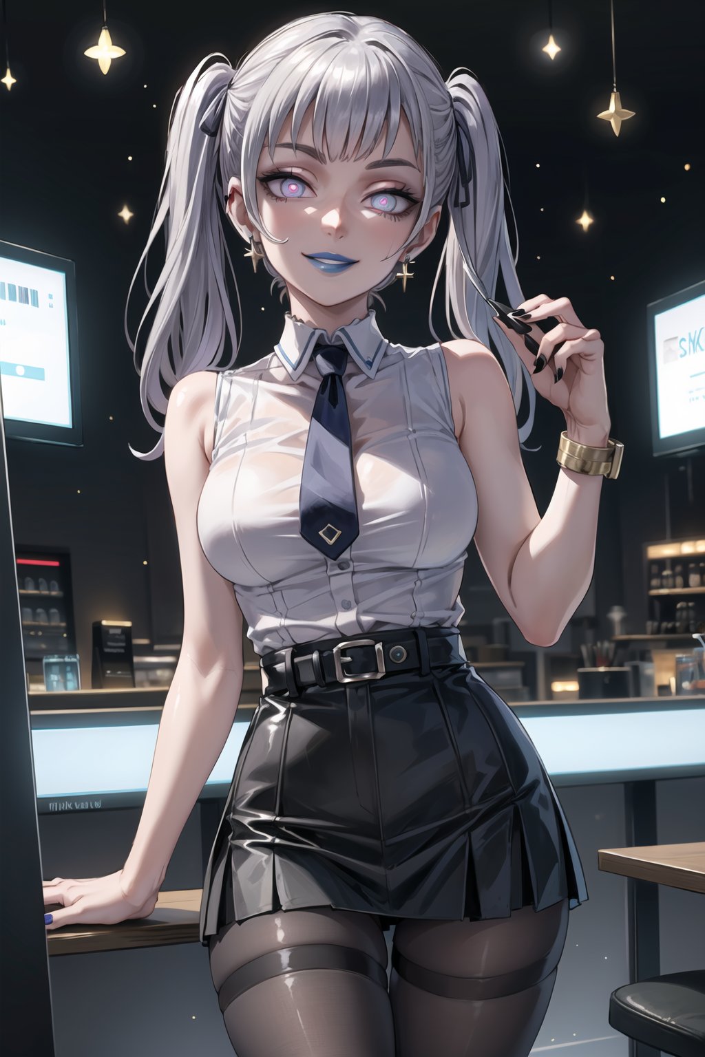 ((best quality)),  ((highly detailed)),  masterpiece,1girl, 1girl, (lips:1.2) , (blue lips:1.3) ,nail polish, solo,  (evil smile:1.4, evil mirk:1.2, seductive smile), latex:1.2, alternate_costume, (white shirt:1.2), black necktie, shirt, (((sleeveless_shirt,sleeveless))), collared shirt, pencil_skirt, high_waist_skirt, belt, black_skirt,  miniskirt, black_legwear, pantyhose,  (earrings), black nails, looking at viewer, standing, cowboy shot, bar,outdoor,lamp,nigth,space, office:1.3 ,noelle_silva, silver hair,purple eyes, twintails, bangs, earrings, jewelry,Remodeling, (pink eyes, blue eyes), (glowing eyes), (android:1.1), (barcode:1.2),,,