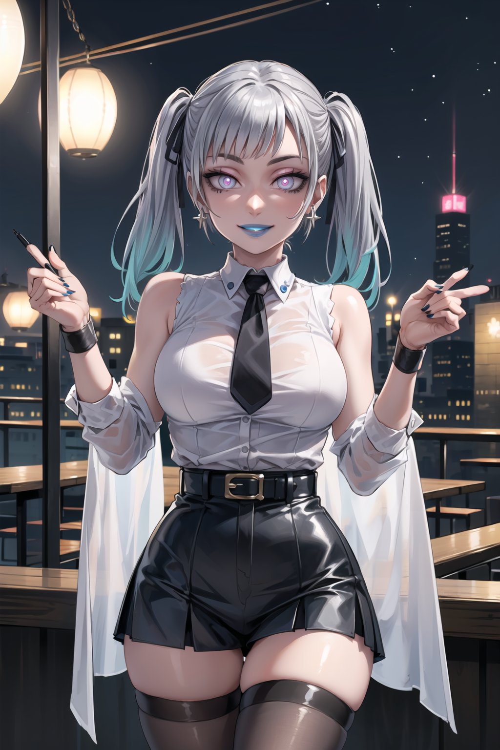 ((best quality)),  ((highly detailed)),  masterpiece,1girl, 1girl, (lips:1.2) , (blue lips:1.3) ,nail polish, solo,  (evil smile:1.4, evil mirk:1.2, seductive smile), latex:1.2, alternate_costume, (white shirt:1.2), black necktie, shirt, (((sleeveless_shirt,sleeveless))), collared shirt, pencil_skirt, high_waist_skirt, belt, black_skirt,  miniskirt, black_legwear, pantyhose,  (earrings), black nails, looking at viewer, standing, cowboy shot, bar,outdoor,lamp,nigth,space, office:1.3 ,noelle_silva, silver hair,purple eyes, twintails, bangs, earrings, jewelry,Remodeling, (pink eyes, blue eyes), (glowing eyes), (android:1.1), (barcode:1.2),,,