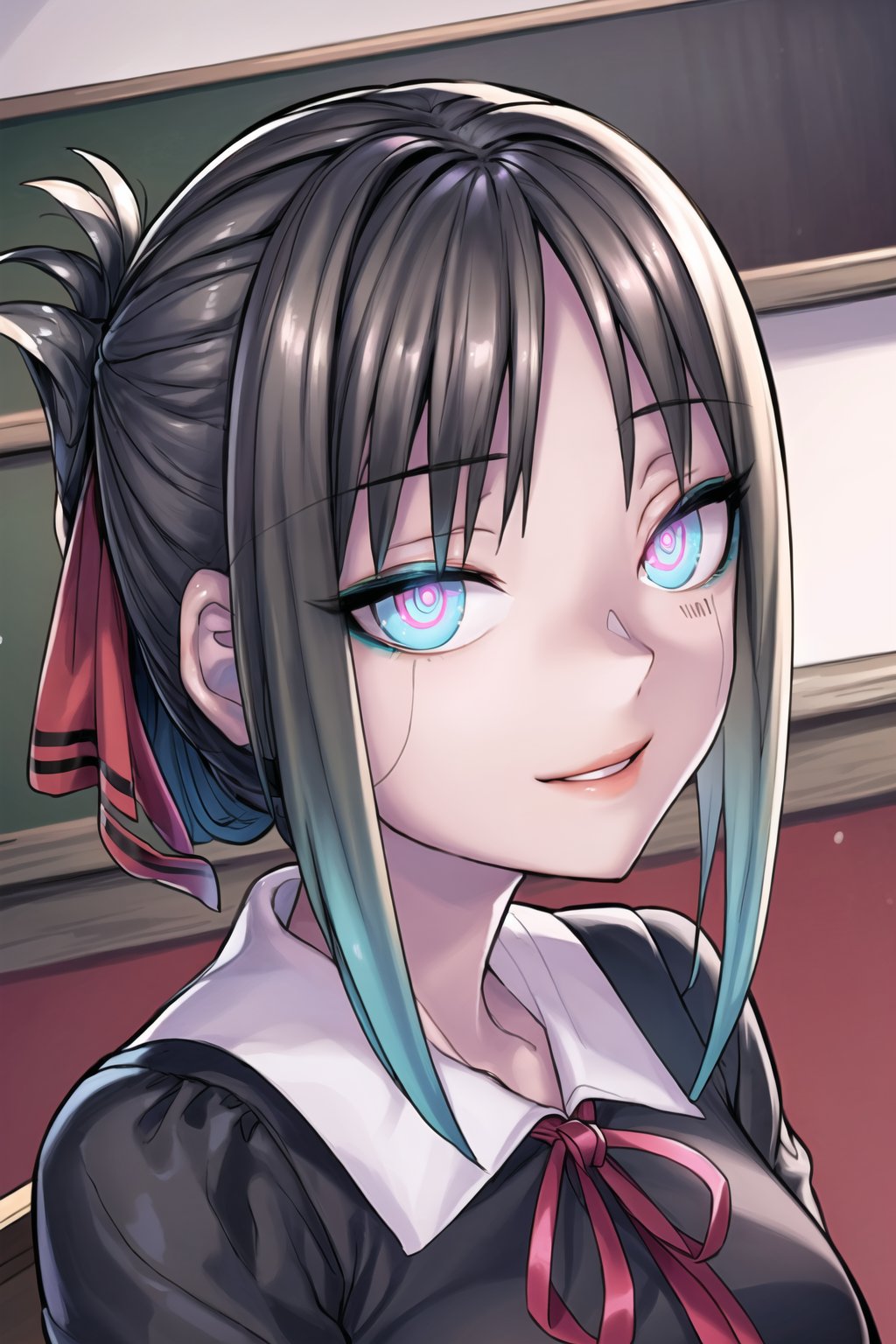 ((best quality)),  ((highly detailed)),  masterpiece,  ((official art)), aakaguya, short hair, folded ponytail, hair ribbon, parted bangs,, lips, (seductive smile,smirk) ,(Remodeling), (multicolored hair:1.3), (two-tone hair:1.3), (pink eyes, blue eyes), (glowing eyes), (android:1.2), (barcode:1.2), (doll joints:1.1), ((neck ribbon, red ribbon, black dress, black shirt, long sleeves, black sleeves)), (cyberpunk:1.2), school, (confident, sexy), chalkboard ,looking at viewer, classroom, girl, indoors,  dramatic reveal, suspenseful, urban environment, mysterious ambiance, dramatic lighting, cinematic scene, self-transformation, supernatural, otherworldly, metamorphosis, mystical, mystical energy, power awakening., intricately detailed, hyperdetailed, blurry background, depth of field, best quality, masterpiece, intricate details, tonemapping, sharp focus, hyper detailed, trending on Artstation, 1 girl, high res, official art,ai hayasaka,aahayasaka,aakaguya,Remodeling