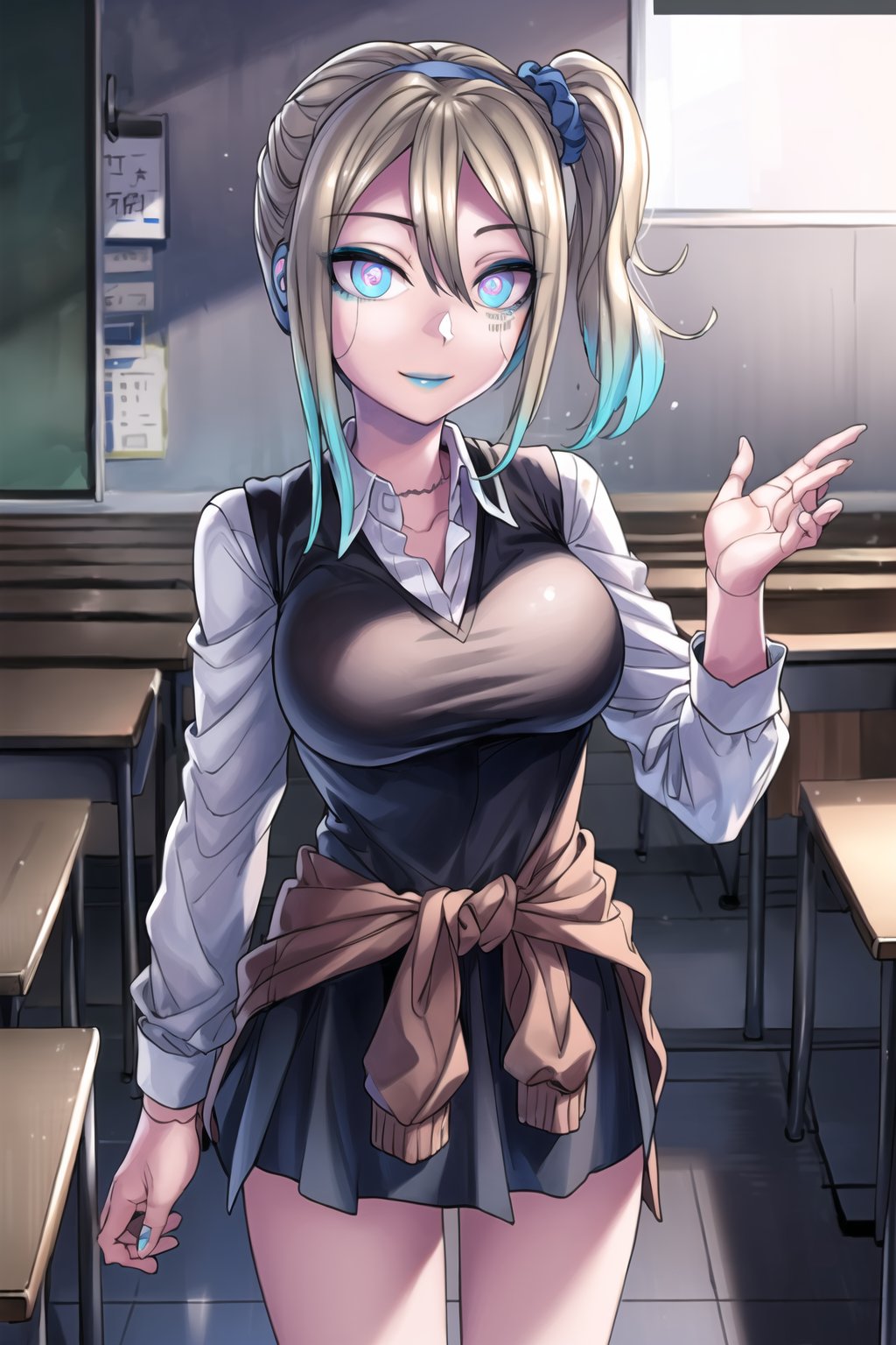 ((best quality)),  ((highly detailed)),  masterpiece,  ((official art)),   , ai hayasaka, blonde hair, blue scrunchie, hair between eyes, hair scrunchie, long hair, scrunchie, side ponytail, sidelocks, lips, (seductive smile,smirk) ,large breasts, (Remodeling), (multicolored hair:1.3), (two-tone hair:1.3), (pink eyes, blue eyes), (glowing eyes), (android:1.2), (barcode:1.2), (doll joints:1.1), lipstick, (makeup),(blue lips:1.2), robot ears, joints, robot joints, ((white shirt)), (black vest), blouse, cardigan, cardigan around waist, clothes around waist, collared shirt, dress shirt, long sleeves, school uniform, shirt, shuuchiin academy school uniform, skirt, sweater, white shirt,, (cyberpunk:1.2), school, (confident, sexy), chalkboard ,looking at viewer, classroom, girl, indoors,  dramatic reveal, suspenseful, urban environment, mysterious ambiance, dramatic lighting, cinematic scene, self-transformation, supernatural, otherworldly, metamorphosis, mystical, mystical energy, power awakening., intricately detailed, hyperdetailed, blurry background, depth of field, best quality, masterpiece, intricate details, tonemapping, sharp focus, hyper detailed, trending on Artstation, 1 girl, high res, official art,ai hayasaka,aahayasaka,