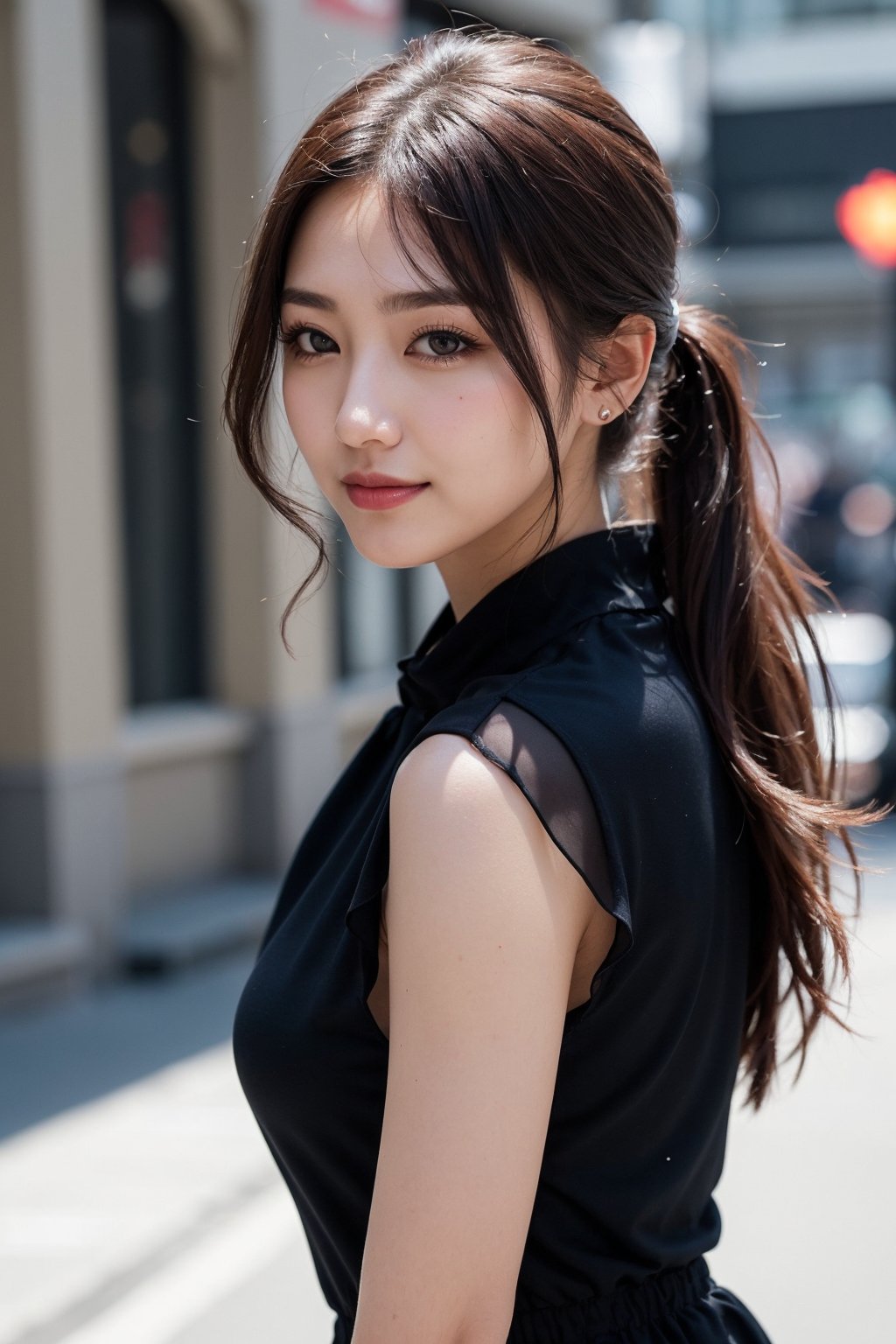 Best quality, raw photo, photorealism, UHD,lifelike rendering, (upper body portrait:1.2), Photo of Beautiful Korean woman, mid-twenty, kpop idol, stunning, medium dark brown ponytail, double eyelids, dark brown eyes, daily makeup, natural medium-large breasts, tall body, soft curves, pale skin, daily outfit, chiffon dress, sharp focus, Korean beauty milf, smile, gaze at camera, from side below, closed to up, thighs focus, detailed eyes and facial, detailed real skin texture, detailed fabric rendering, natural sunlight, ray tracing 