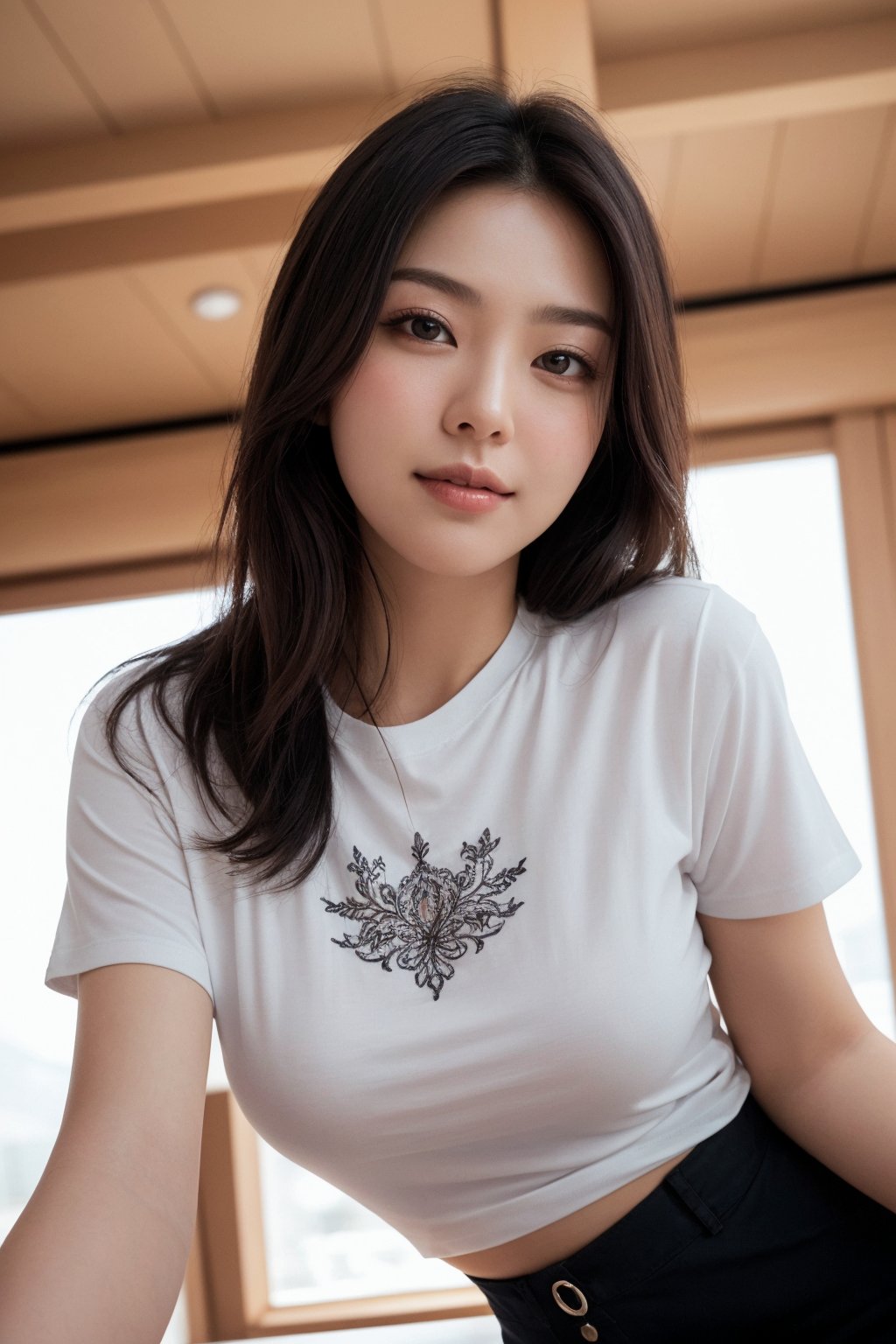 Best quality, raw photo, photorealism, UHD, lifelike rendering, (upper body portrait:1.2), Photo of Beautiful Korean woman, mid-twenty milf, kpop idol, stunning, medium dark brown hair, double eyelids, dark brown eyes, natural medium-large breasts, pale skin, daily outfit, (oversized:1.3) white short sleeve T-shirt, ornate embroidered thong, indoor, lying, sharp focus, seductive face, sexy eyes, smile, look at camera, from below, closed to up, thighs focus, detailed eyes and facial, detailed real skin texture and hair, detailed fabric rendering, natural soft daylight, ray tracing 