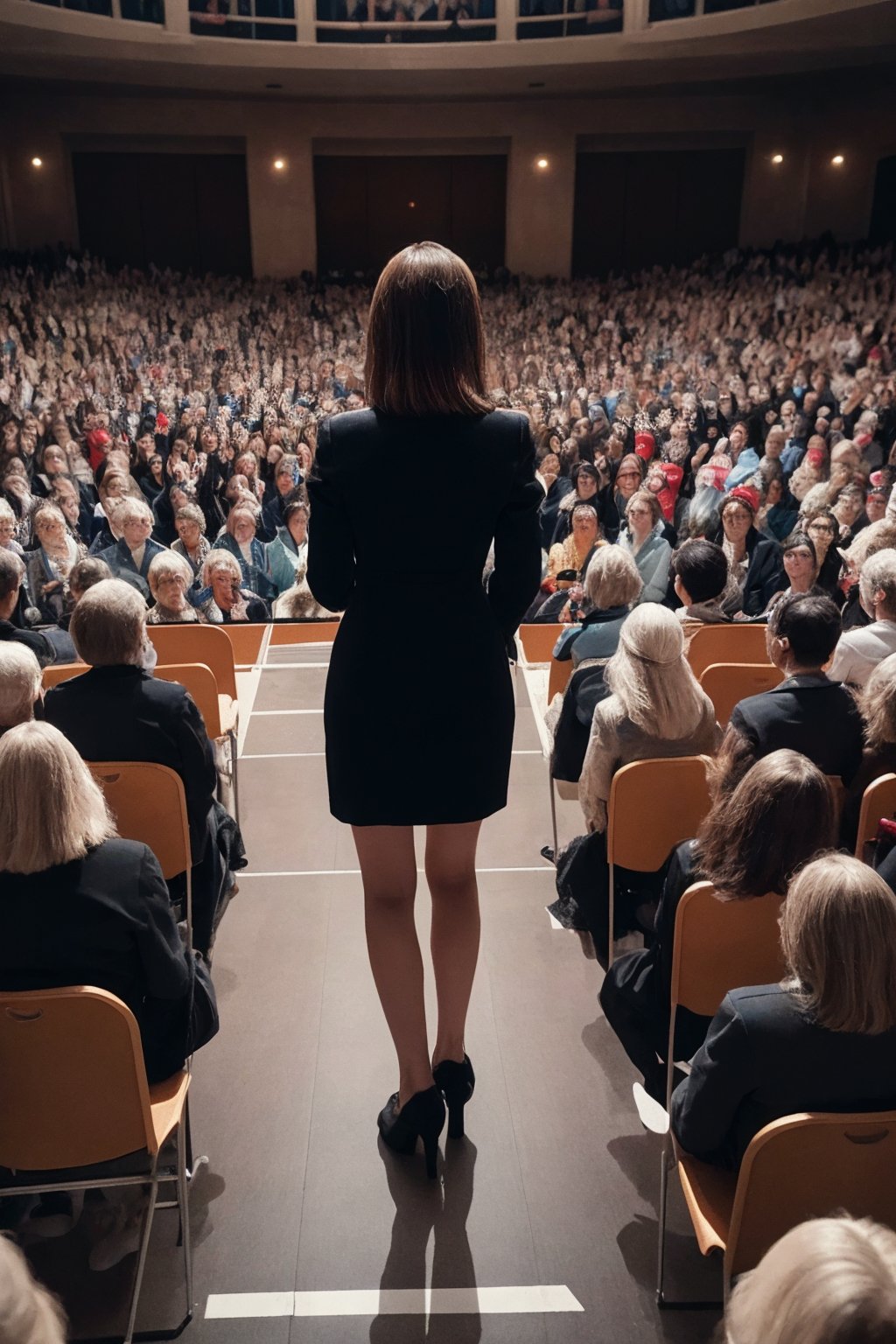 (masterpiece, best quality, highres:1.2), 1girl, full body, standing at podium, facing away, facing large crowd, propaganda, large event, cultish, cult leader, see from far