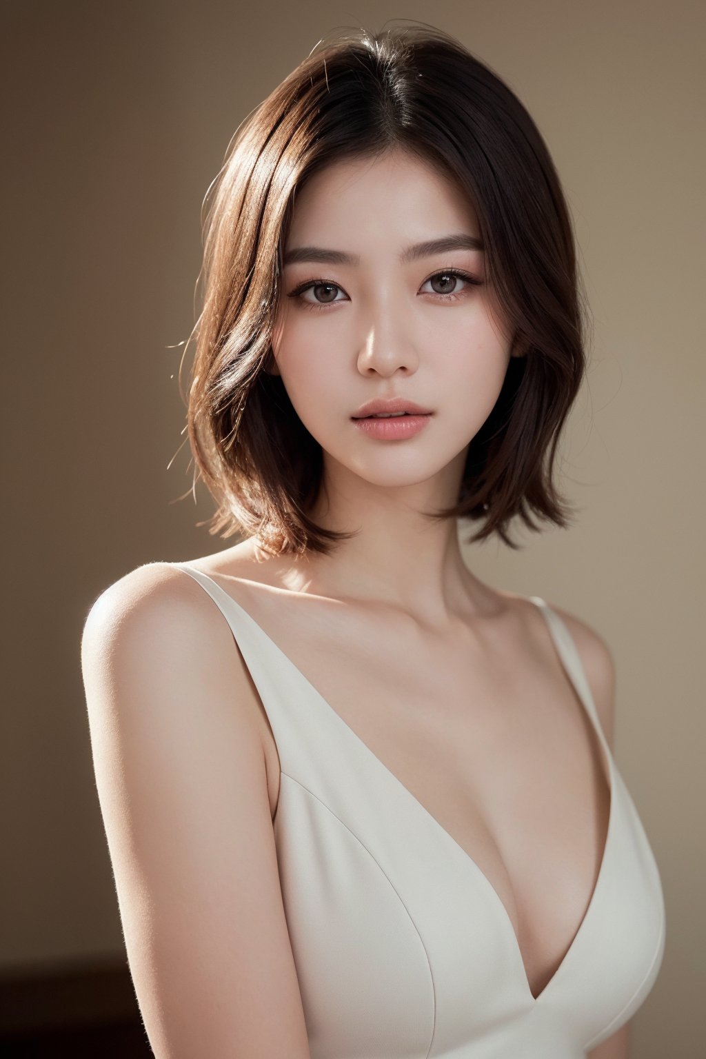 (Best quality, raw photo, realism, photorealistic, 32k UHD:1.2),lifelike rendering, Photo of Beautiful Korean woman, early-twenty, short dark brown hair, double eyelids, daily makeup, tall body, soft curves, pale skin, dress, sharp focus, faint smile, hyper-realistic photo, exquisite detailed details 