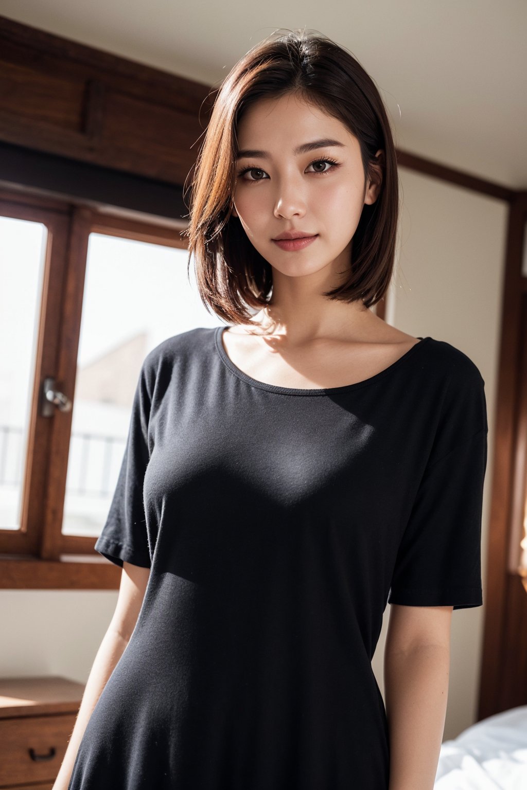 Best quality, raw photo, photorealism, UHD, lifelike rendering, (upper body portrait:1.2), Photo of Beautiful Korean woman, mid-twenty milf, kpop idol, stunning, medium dark brown hair, double eyelids, dark brown eyes, natural medium-large breasts, pale skin, daily outfit, short sleeve loose long dress, indoor, lying, sharp focus, smile, look at camera, from below, closed to up, thighs focus, detailed eyes and facial, detailed skin texture and hair, detailed fabric rendering, natural soft daylight, ray tracing 