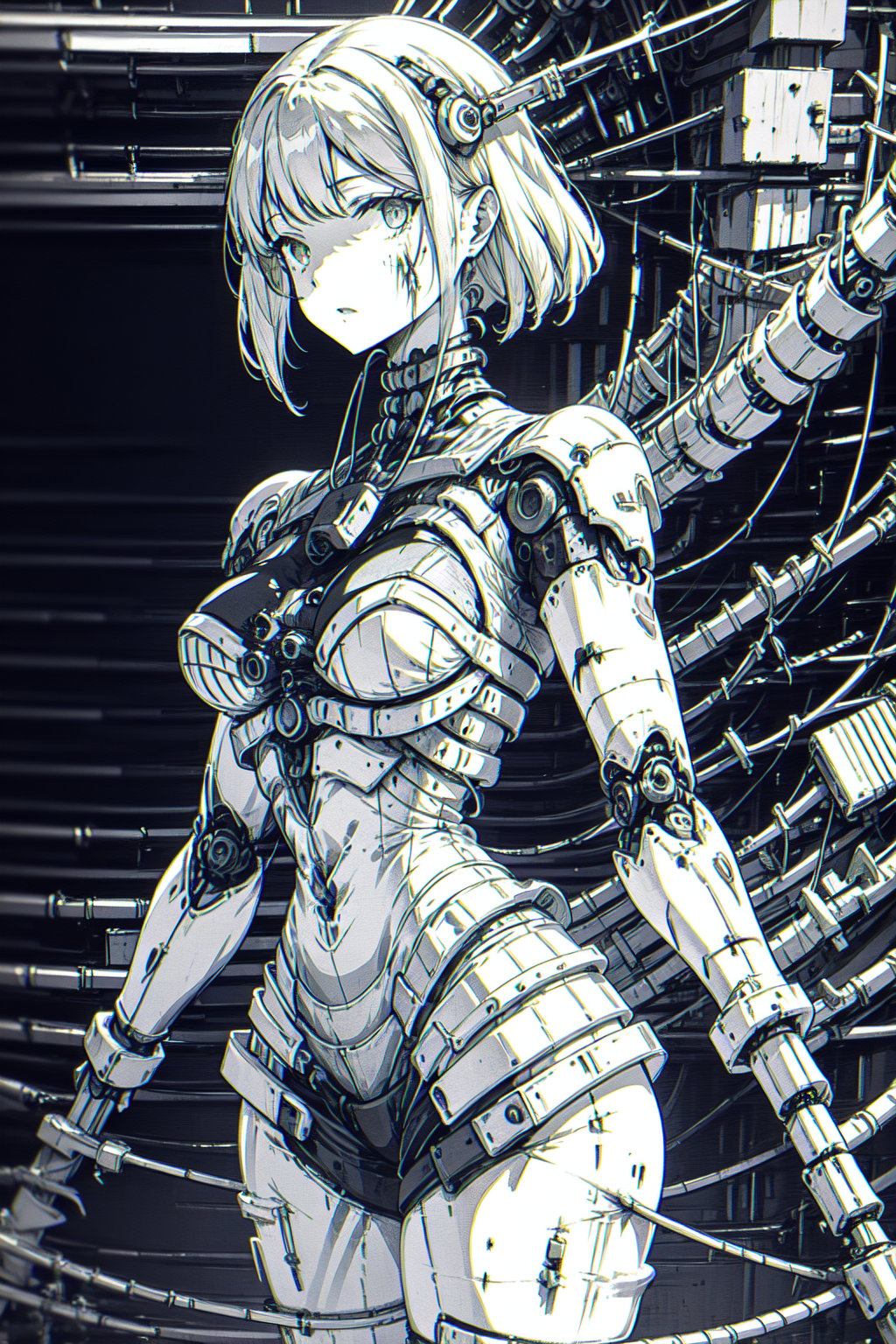 1girl,((solo)),monochrome,looking at viewer,mechanical parts,cyberpunk,blood,short hair,breasts,greyscale,android,mechanical tail,cyborg,tail,cowboy shot,wire,closed mouth,science fiction,chromatic aberration,leotard,blood on face,mechanical arms,standing ,<lora:g_20240111124802:1>