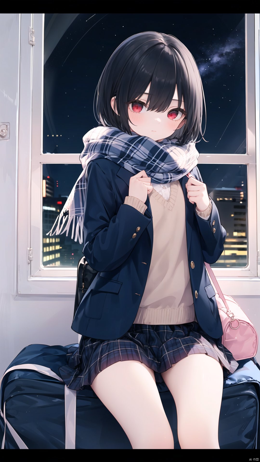 1girl, scarf, reflection, red eyes, black hair, bag, plaid, jacket, letterboxed, plaid scarf, school uniform, night, solo, sky, sleeves past wrists, long sleeves, bangs, window, school bag, skirt, blue jacket, hair over eyes, short hair, blazer, sweater, night sky, ground vehicle