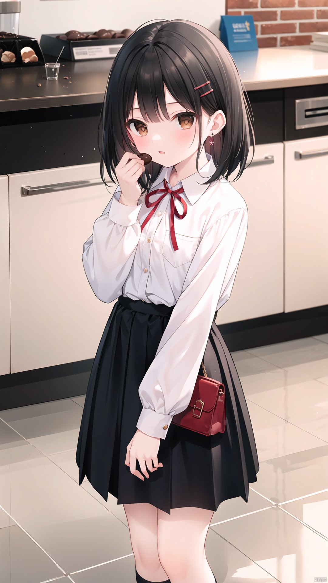 1girl, hair ornament, black hair, blurry, hairclip, looking at viewer, multiple views, blurry background, holding, shoes, bangs, bag, long sleeves, skirt, brown footwear, jewelry, food, depth of field, ribbon, shirt, chocolate, loafers, parted lips, blush, socks, puffy sleeves, medium hair, brown eyes, pleated skirt, white shirt, school uniform, hand on own face, neck ribbon, earrings, incoming food, holding food, argyle, standing, black skirt