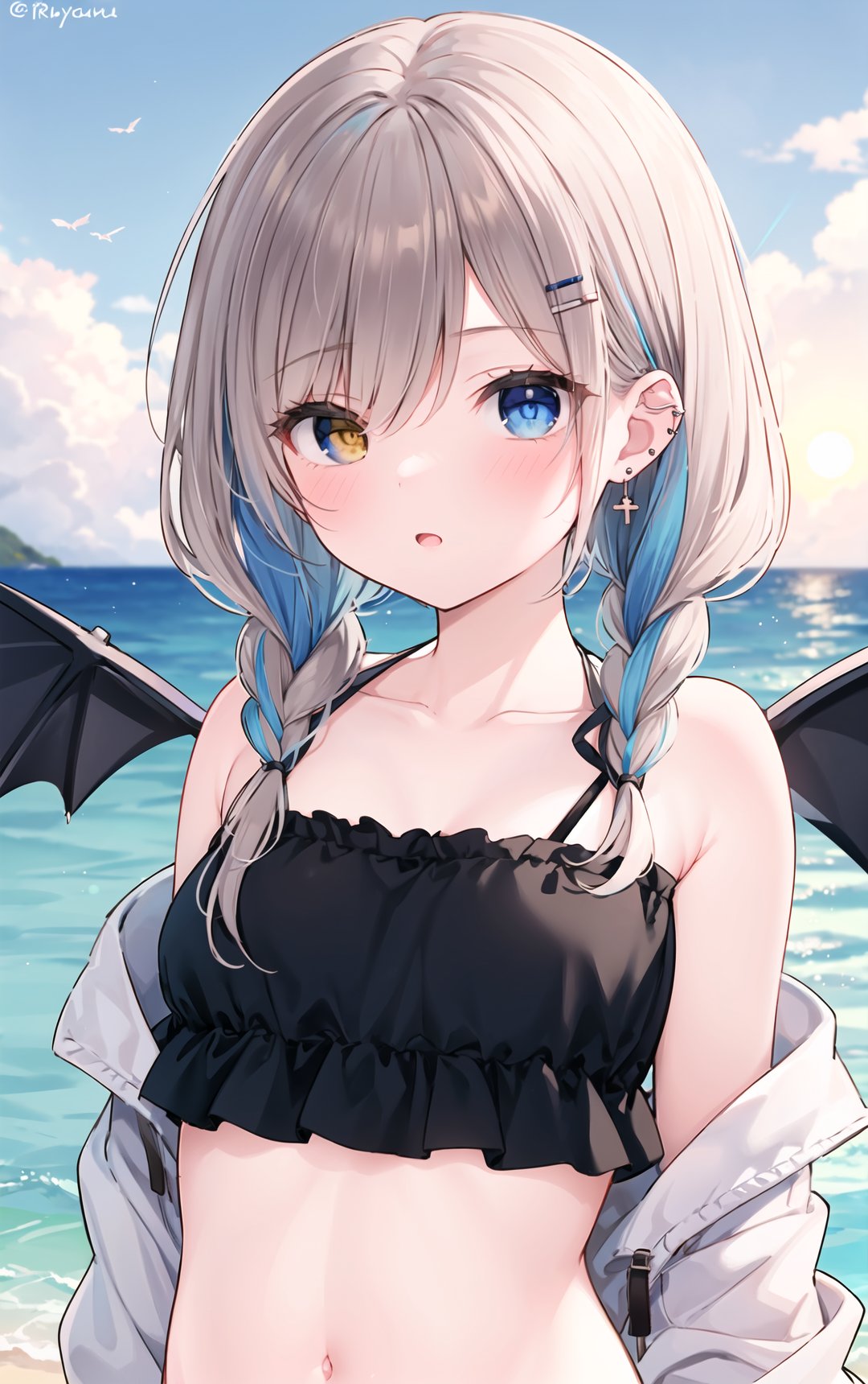 artist Mafuyu, 1girl, solo, swimsuit, x hair ornament, multicolored hair, braid, bikini, twin braids, hair ornament, blue eyes, long hair, heterochromia, blue hair, black bikini, streaked hair, collarbone, bare shoulders, looking at viewer, parted lips, sunset, off-shoulder bikini, low twintails, upper body, bangs, wings, blush, hairclip, twintails, earrings, yellow eyes, frilled bikini, hair between eyes, brown hair, outdoors, jewelry, frills, :o, hair over one eye, detached wings, off shoulder, sky, ear piercing, piercing, tail, twitter username, cloud, two-tone hair