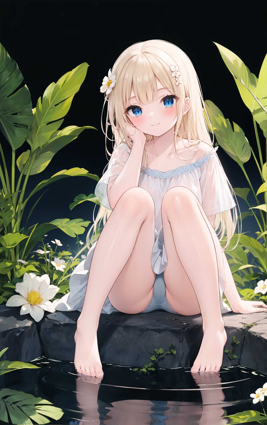 1girl,solo,flower,dress,sitting,barefoot,blonde hair,panties,long hair,looking at viewer,white dress,underwear,bangs,hair ornament,blush,feet,bare legs,toes,white flower,collarbone,water,hair flower,pantyshot,closed mouth,short sleeves,full body,blue eyes,blue panties,hand on own face,knees up,smile,print panties,knees together feet apart,legs,hand on own cheek,black background,reflection,plant,upskirt,