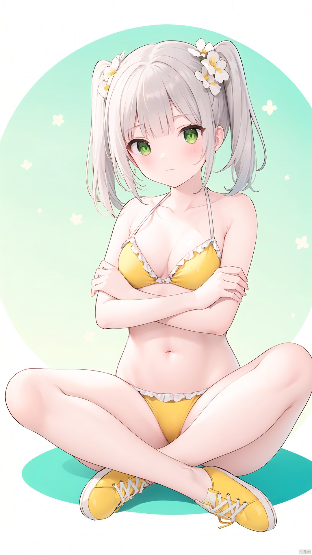 1girl, solo, swimsuit, breasts, green eyes, bikini, cleavage, twintails, flower, beachball, sitting, hair ornament, barefoot, looking at viewer, ball, blush, medium breasts, collarbone, hair flower, shoes, closed mouth, white background, indian style, bangs, yellow flower, brown footwear, halterneck, bare shoulders, grey hair, white hair, green bikini, long hair, yellow bikini, full body, crossed arms