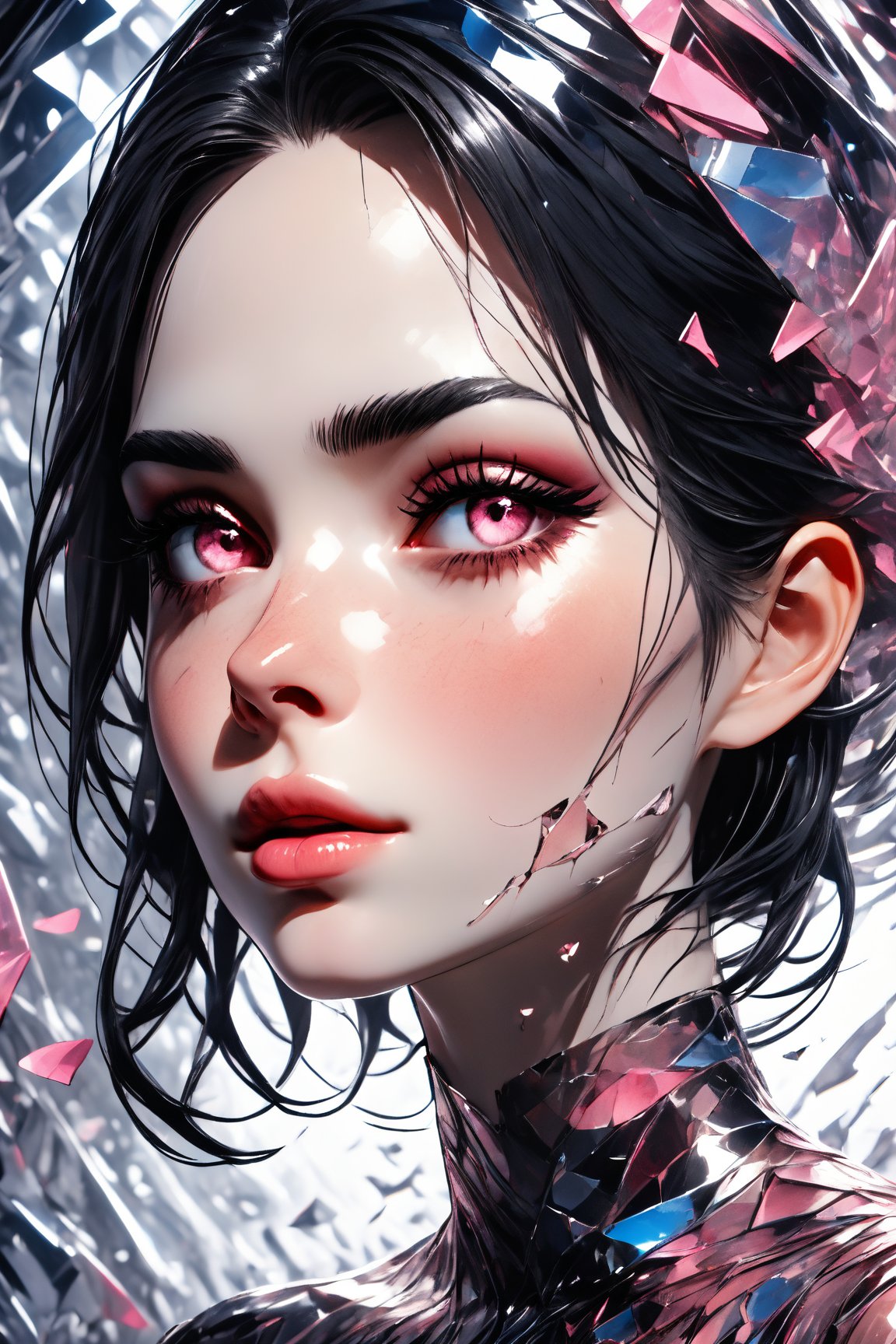 Utra, 1girl in a silk dress made of glass shards, thin delicate lips smirking with a closed mouth,  white skin,  black chin lenght hair and pink eyes, 4k, hd, unreal engine, 3d render, realistic,shards