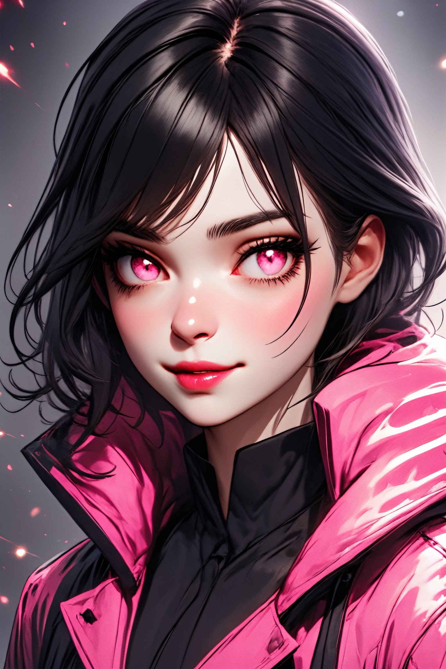 Utra, 1girl in a (glamurous coat), thin delicate lips smirking with a closed mouth,  white skin,  black chin lenght hair and pink eyes, 4k, hd, unreal engine, 3d render, realistic