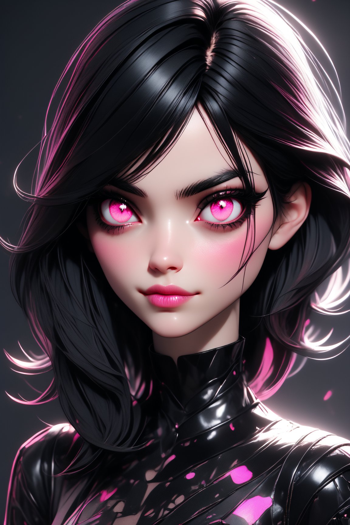 Utra, goth 1girl wearing leather clothes, thin delicate lips smirking with a closed mouth, white skin,  black chin lenght hair and pink eyes, 4k, hd, unreal engine, 3d render, realistic,shards,3d toon style