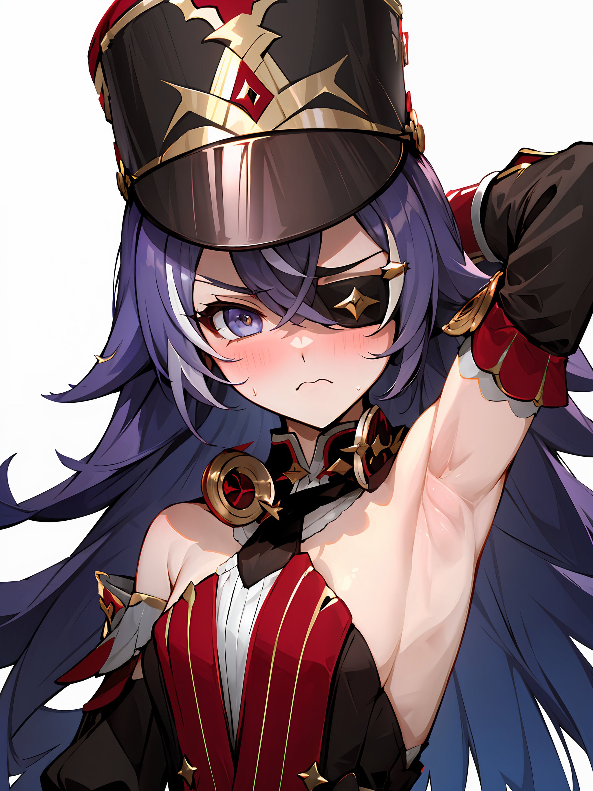 ((masterpiece,best quality)), 1girl, chevreuse, shako cap, eyepatch, detached sleeves, armpits, arm up, (blush), upper body, annoyed, closed mouth,