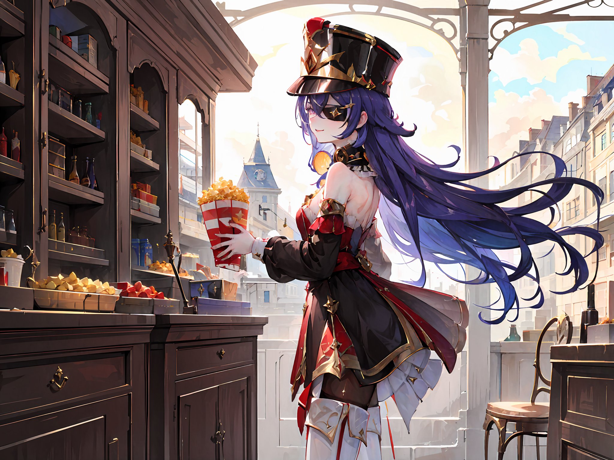 ((masterpiece,best quality)), 1girl, chevreuse, shako cap, eyepatch, detached sleeves, black pantyhose, thigh boots, from side, holding popcorn, smile,