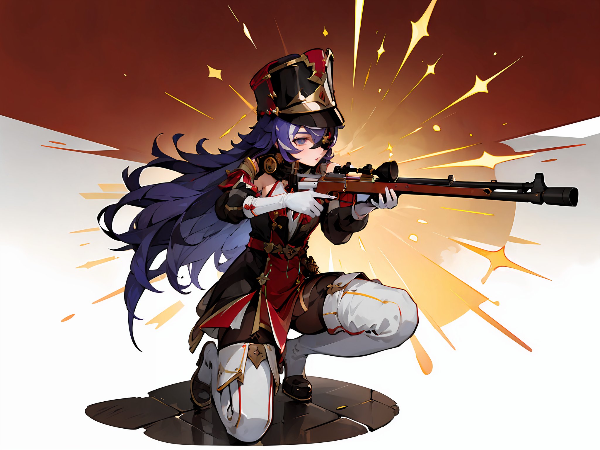 ((masterpiece,best quality)), 1girl, chevreuse, shako cap, eyepatch, detached sleeves, gloves, black pantyhose, thigh boots, holding rifle, aiming, on knee