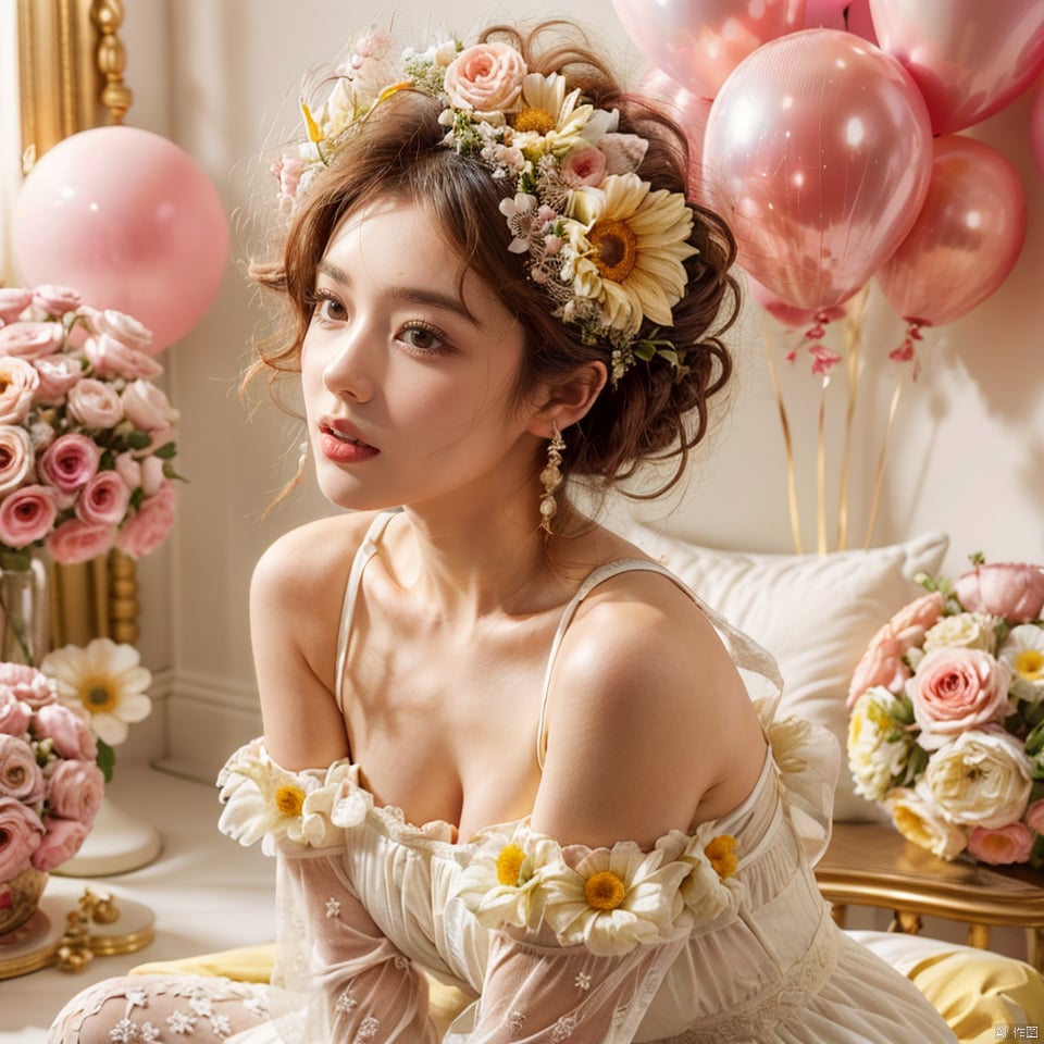  best quality, masterpiece, illustration, realistic, photo-realistic, amazing, finely detail, incredibly absurdres, huge filesize, ultra-detailed, highres, extremely detailed CG unity 8k wallpaper, nsfw, A close up portrait of a cute Korean-style woman with yellow slightly curly short hair and lively makeup in a cute pose, wearing a whimsical puffy white dress made of soft clouds like bubbles that accentuates her curves. The dress has lots of fluffy details resembling cute clouds. She is sitting casually on a pink balloon, soft lighting and shadows create a whimsical, chiaroscuro atmosphere. The style shows her cute personality,
, ((poakl flower style))