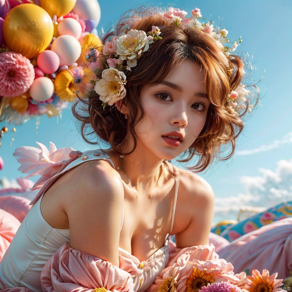  best quality, masterpiece, illustration, realistic, photo-realistic, amazing, finely detail, incredibly absurdres, huge filesize, ultra-detailed, highres, extremely detailed CG unity 8k wallpaper, nsfw, A close up portrait of a cute Korean-style woman with yellow slightly curly short hair and lively makeup in a cute pose, wearing a whimsical puffy white dress made of soft clouds like bubbles that accentuates her curves. The dress has lots of fluffy details resembling cute clouds. She is sitting casually on a pink balloon, soft lighting and shadows create a whimsical, chiaroscuro atmosphere. The style shows her cute personality,
, ((poakl flower style))