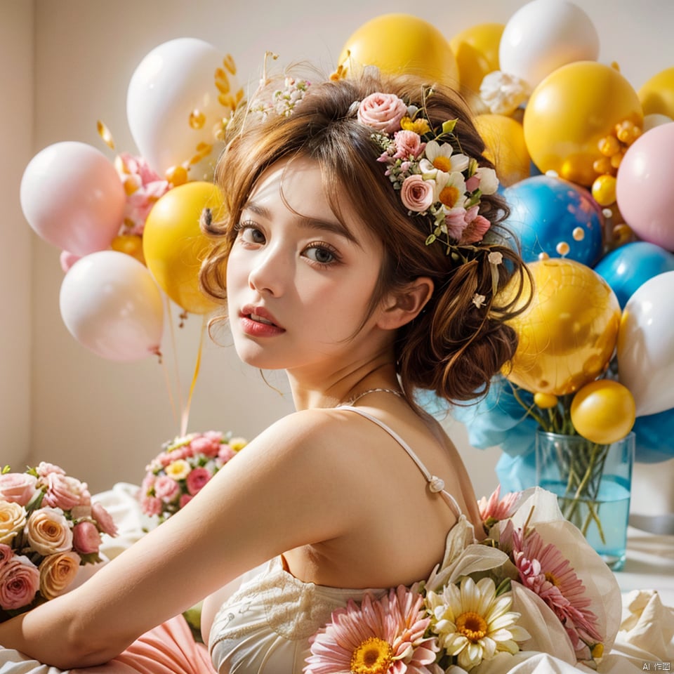  best quality, masterpiece, illustration, realistic, photo-realistic, amazing, finely detail, incredibly absurdres, huge filesize, ultra-detailed, highres, extremely detailed CG unity 8k wallpaper, nsfw, A close up portrait of a cute Korean-style woman with yellow slightly curly short hair and lively makeup in a cute pose, wearing a whimsical puffy white dress made of soft clouds like bubbles that accentuates her curves. The dress has lots of fluffy details resembling cute clouds. She is sitting casually on a pink balloon, soft lighting and shadows create a whimsical, chiaroscuro atmosphere. The style shows her cute personality,
, ((poakl flower style))