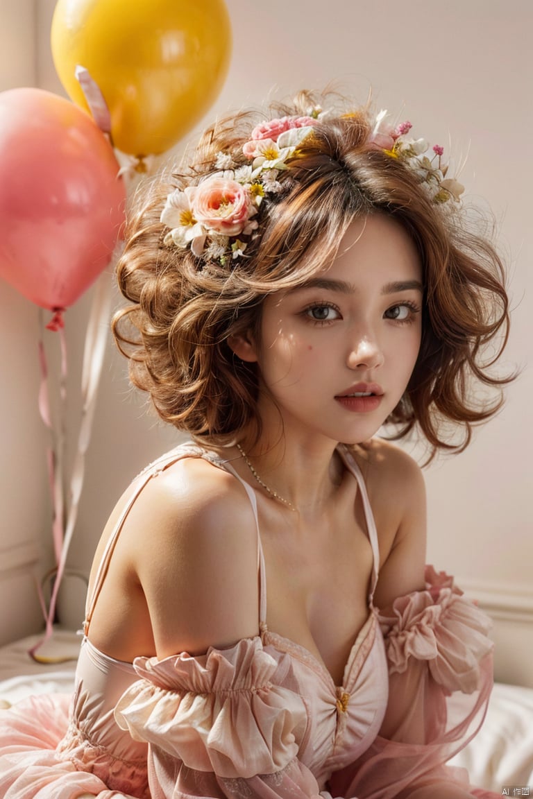  best quality, masterpiece, illustration, realistic, photo-realistic, amazing, finely detail, incredibly absurdres, huge filesize, ultra-detailed, highres, extremely detailed CG unity 8k wallpaper, nsfw, A close up portrait of a cute Korean-style woman with yellow slightly curly short hair and lively makeup in a cute pose, wearing a whimsical puffy white dress made of soft clouds like bubbles that accentuates her curves. The dress has lots of fluffy details resembling cute clouds. She is sitting casually on a pink balloon, soft lighting and shadows create a whimsical, chiaroscuro atmosphere. The style shows her cute personality,
, ((poakl flower style))