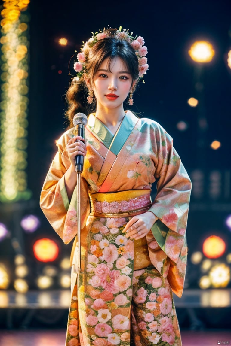 ,girl idol, japanese idol outfit in pink, stage,performance site,bokeh, 8k,RAW photo,best quality,masterpiece,realistic,photo-realistic,
, ((poakl flower style)),