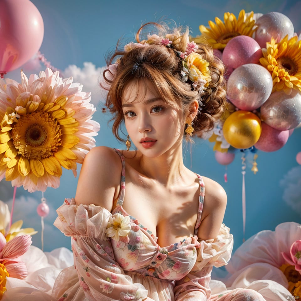  best quality, masterpiece, illustration, realistic, photo-realistic, amazing, finely detail, incredibly absurdres, huge filesize, ultra-detailed, highres, extremely detailed CG unity 8k wallpaper, nsfw, A close up portrait of a cute Korean-style woman with yellow slightly curly short hair and lively makeup in a cute pose, wearing a whimsical puffy white dress made of soft clouds like bubbles that accentuates her curves. The dress has lots of fluffy details resembling cute clouds. She is sitting casually on a pink balloon, soft lighting and shadows create a whimsical, chiaroscuro atmosphere. The style shows her cute personality,
, ((poakl flower style))