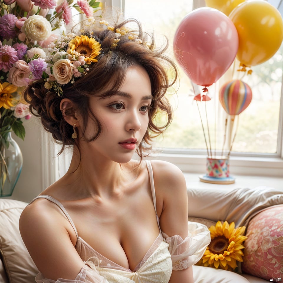  best quality, masterpiece, illustration, realistic, photo-realistic, amazing, finely detail, incredibly absurdres, huge filesize, ultra-detailed, highres, extremely detailed CG unity 8k wallpaper, nsfw, A close up portrait of a cute Korean-style woman with yellow slightly curly short hair and lively makeup in a cute pose, wearing a whimsical puffy white dress made of soft clouds like bubbles that accentuates her curves. The dress has lots of fluffy details resembling cute clouds. She is sitting casually on a pink balloon, soft lighting and shadows create a whimsical, chiaroscuro atmosphere. The style shows her cute personality,
, ((poakl flower style))