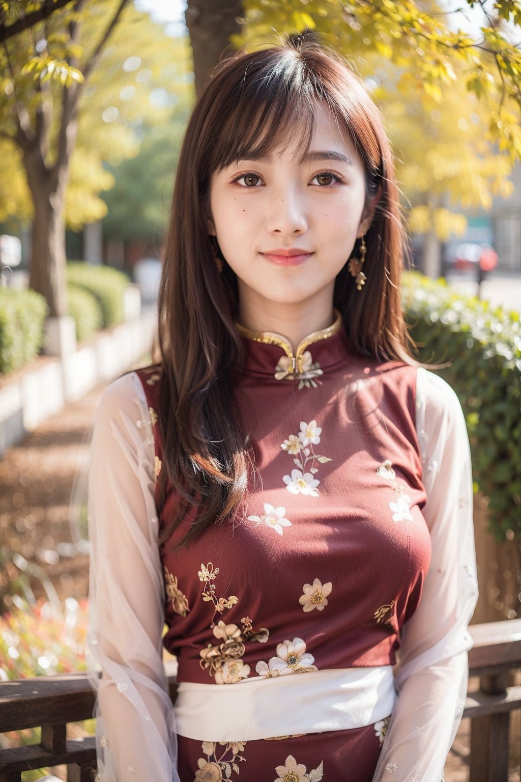 21 years old Chinese girl, sexy Cheongsam, outdoor, autumn, bokeh