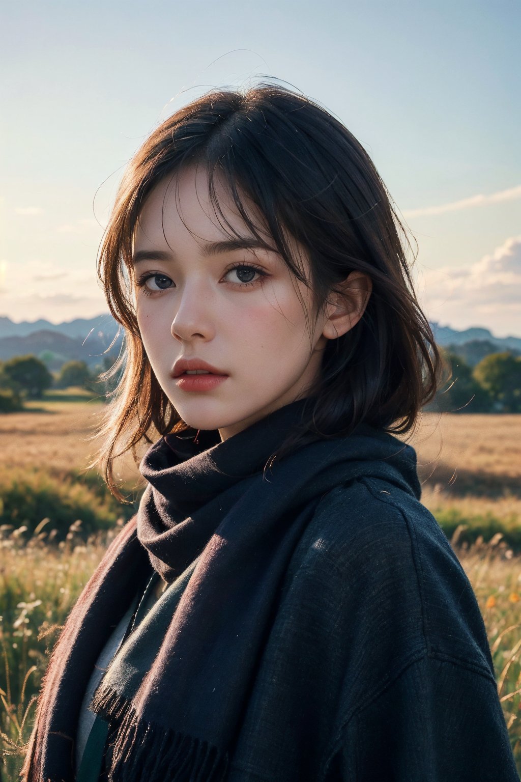 8k, best quality, masterpiece, realistic, ultra detail, photo realistic, Increase quality, a photo of a girl standing in a field with a scarf, in the style of dark and brooding designer, voluminous mass, photobash, jagged edges, navy, natural beauty, close-up shot