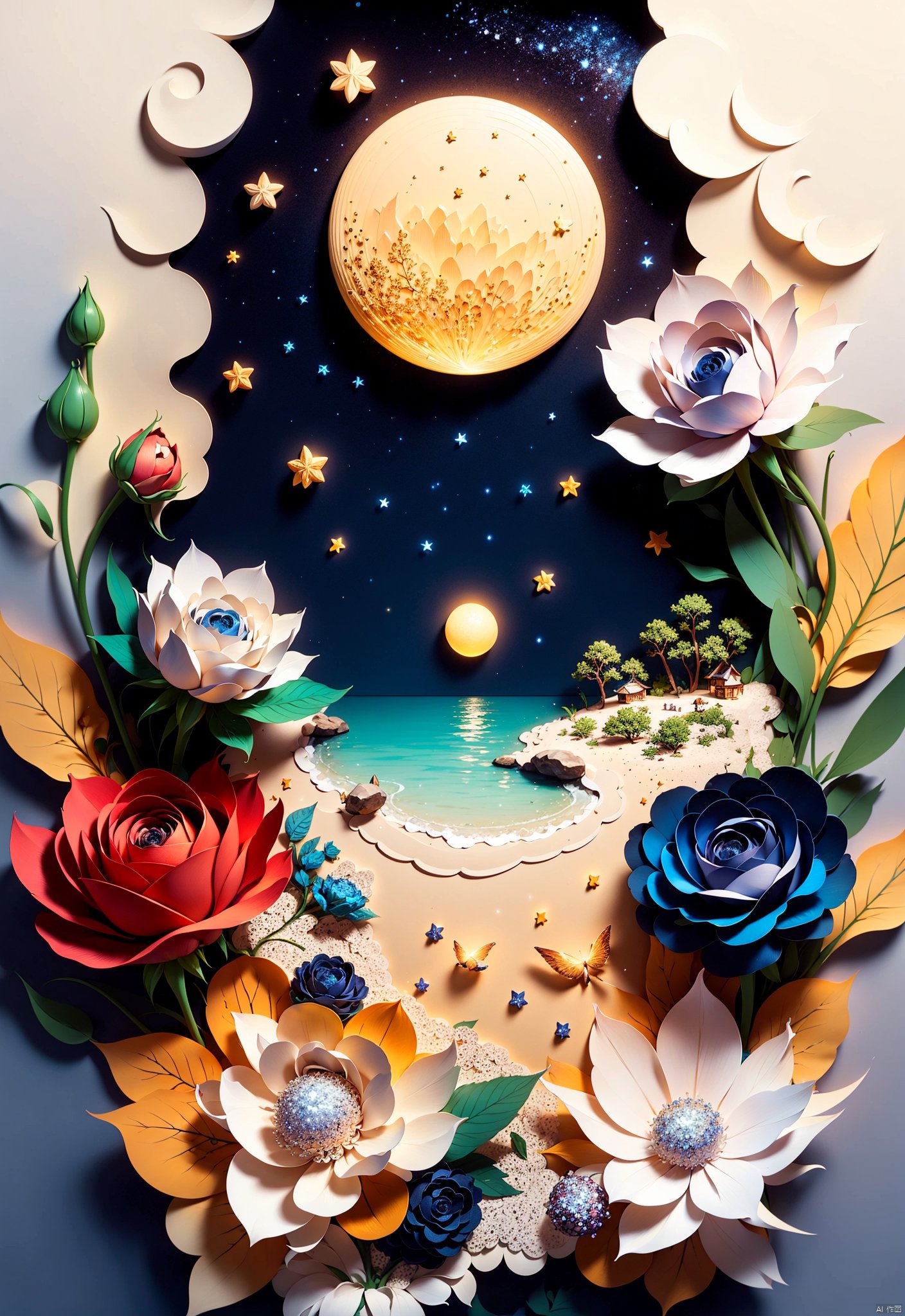 Beautiful seaside day, clear sky, blue sea of light, white beach, sparkling colorful roses on the beach (with a layer of ice wrapped around them), frozen roses, (ice crystal roses), roses, roses, ultra details, ultra realism, wide-angle lens, ultra high-definition image quality, special effects rendering, realistic style, 4k, stunning starry sky, dreamy rainbow covering the beach, There are many colorful roses and shining crystal pebbles on the beach stars. The silver crescent moon and the stars of the Milky Way are scattered on the beach. Glowing creatures, fluorescent, golden, colorful, Paper Cuttings art style