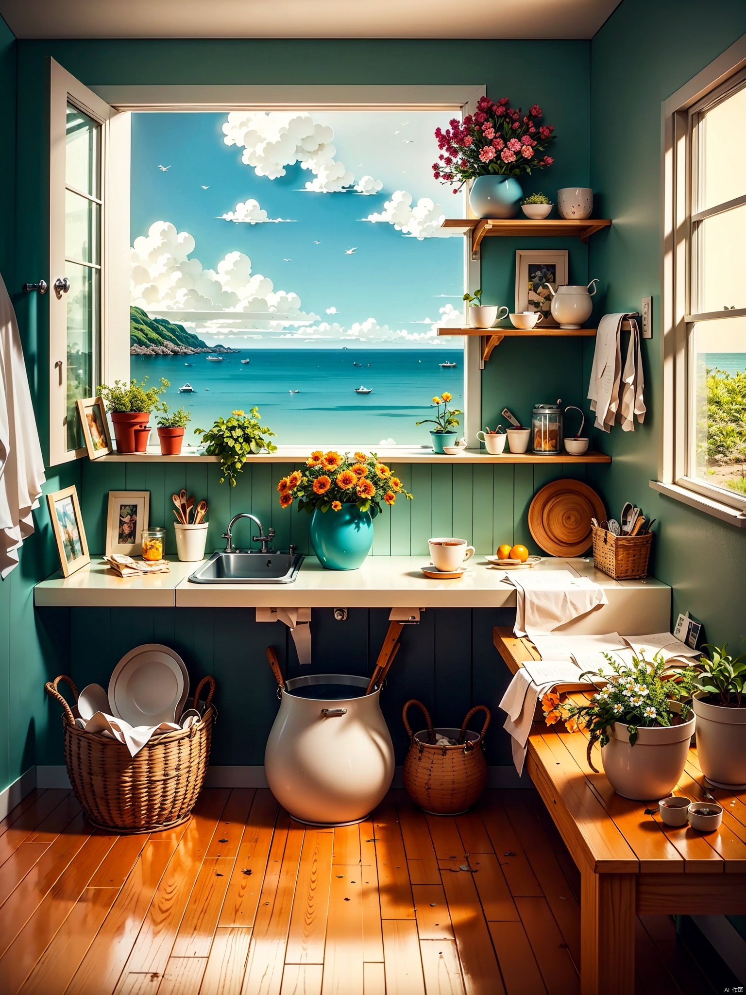 No one, indoor, kitchen, table, wood floor, chair, stove, cup, shelf, sink, plate, basket, refrigerator, window, morning, flower pot, potted plant, water, sunshine, sky, ocean, Paper Cuttings art style